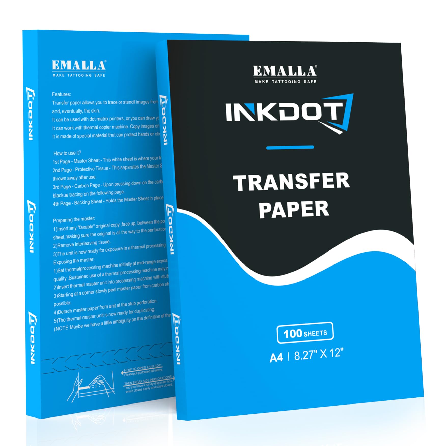 Emalla INKDOT Tattoo Transfer Paper - 100 Sheets Premium 4-Layer Thermal Stencil Paper for Tattoo Artists, 8.27