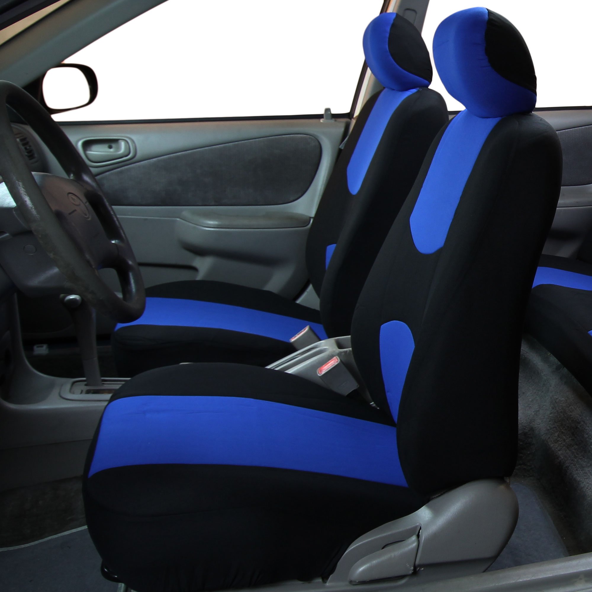 FH Group Universal Fit Car Seat Covers Full Set - Blue Flat Cloth Bench & Bucket Seat Protectors for Cars, Trucks & SUVs | Durable Interior Accessories Combo with E-Z Travel Tissue Dispenser | Perfect for Road Trips, Daily Commute & Family Protection