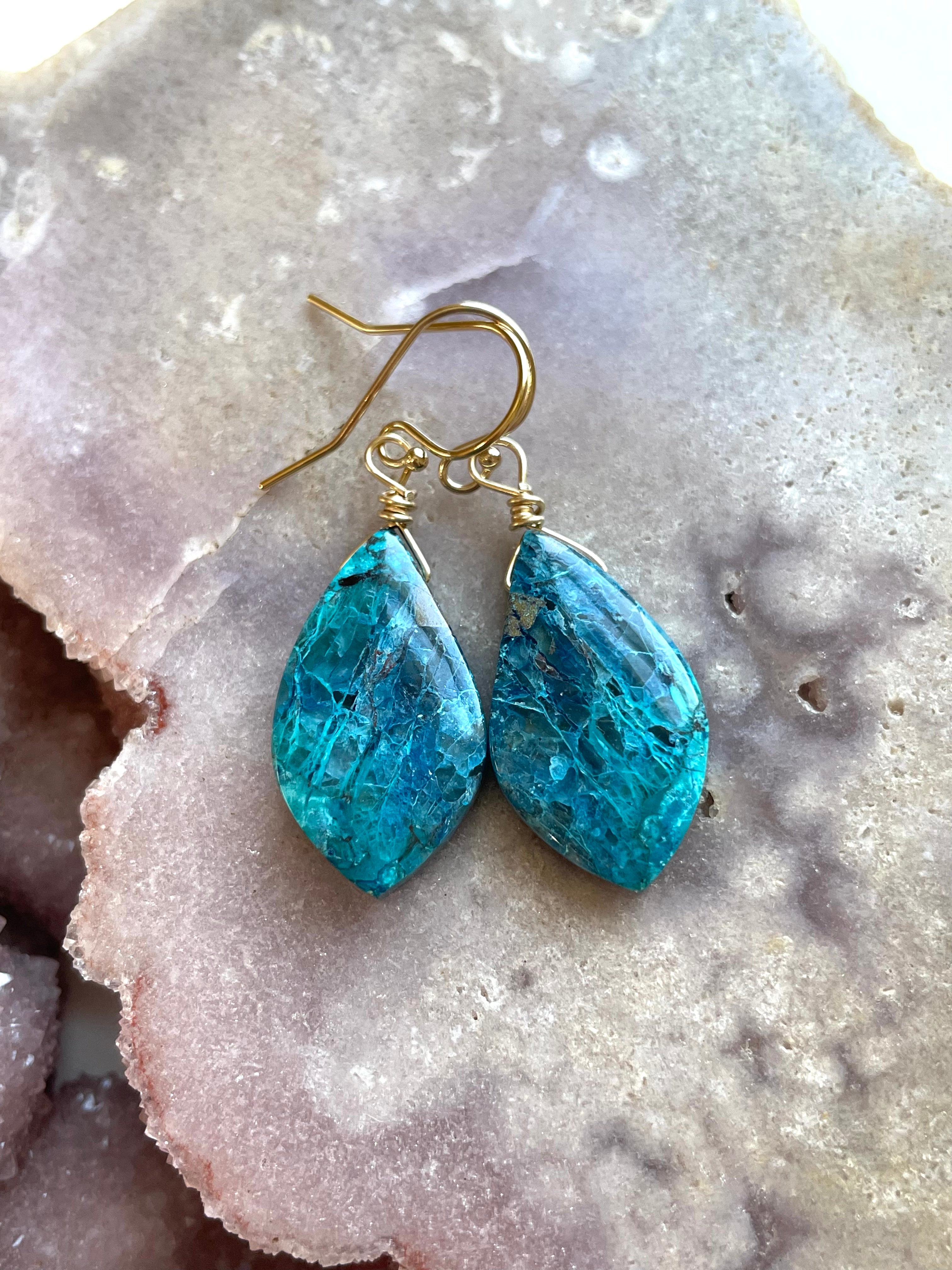 Shattuckite Earrings - 14K Gold Filled Gemstone Jewelry for Women | Healing Crystal Dangle Earrings for Meditation, Yoga & Spiritual Gifts