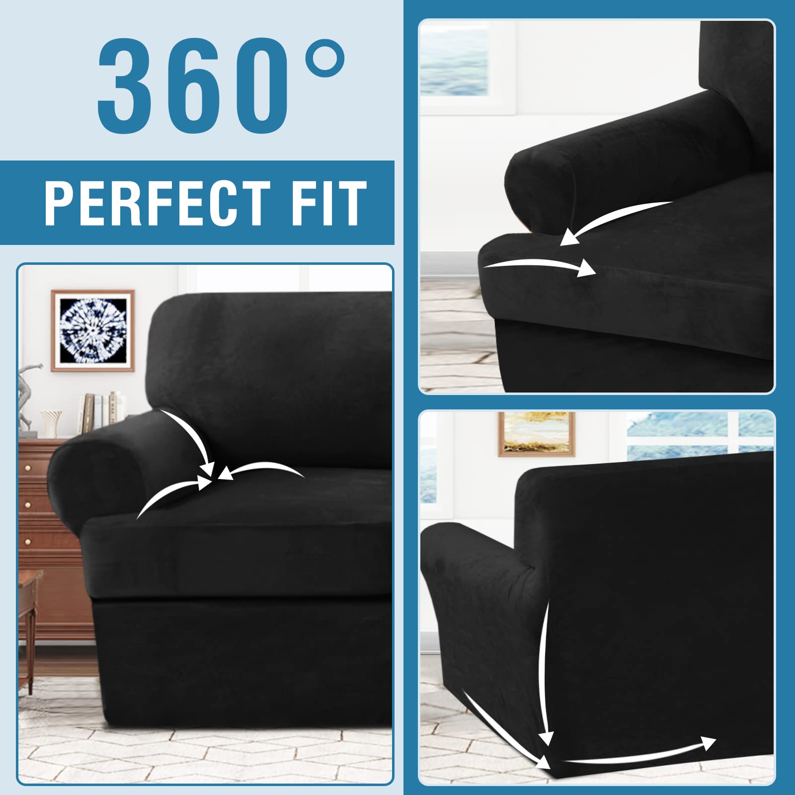 H.VERSAILTEX 2-Piece Velvet Sofa Cover Set with T-Cushion Slipcovers - Thick Stretchable Furniture Protector for Armchairs & Couches (Black) - Perfect for Living Room, Office, and Home Decor Protection