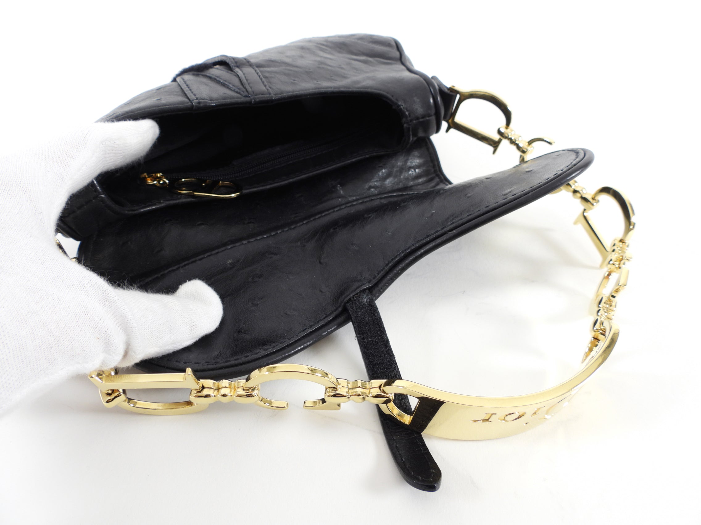 Vintage Christian Dior Galliano Black Ostrich Leather Mini Saddle Bag - Luxury Crossbody Purse for Women, Night Out & Special Occasions