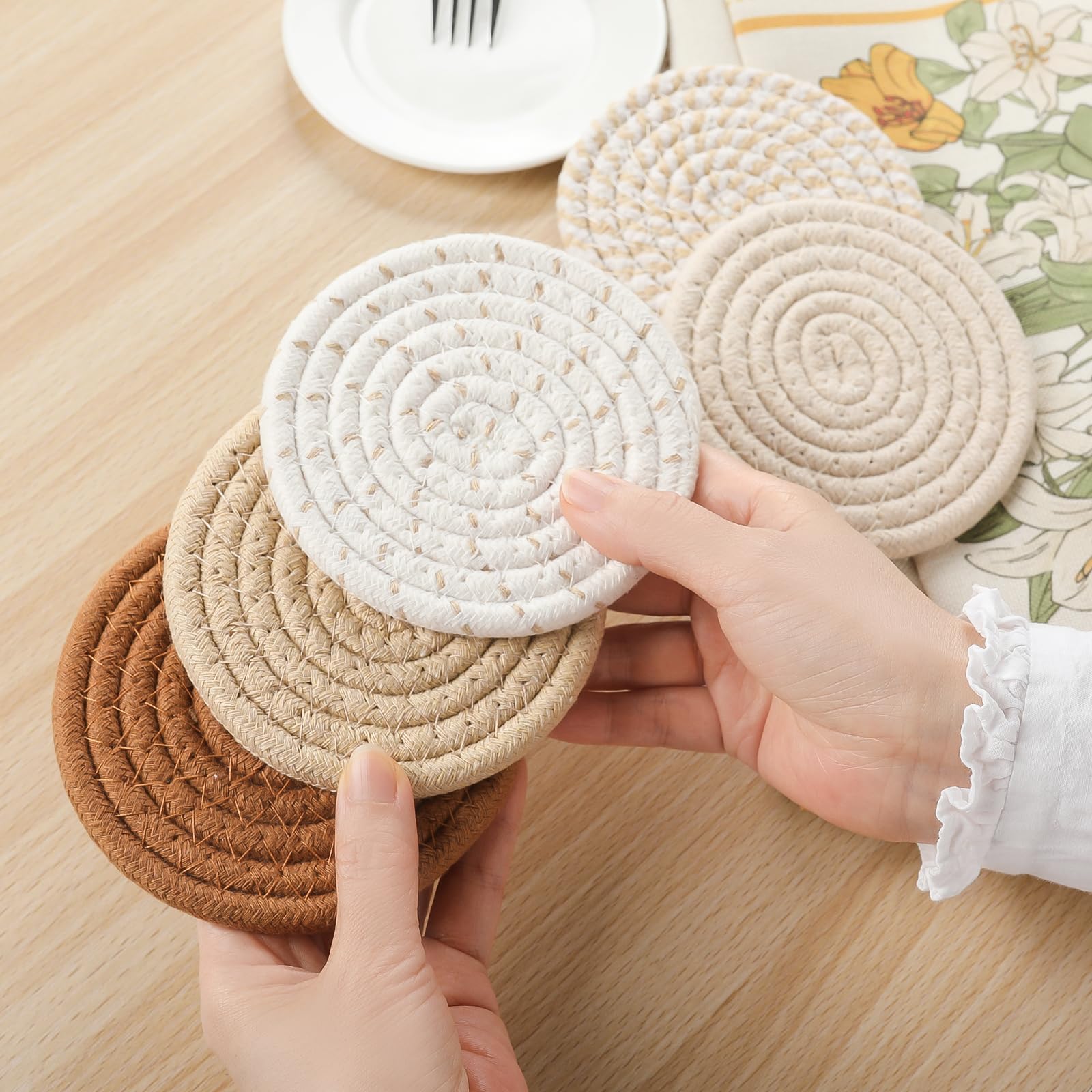 12 Pcs Boho Drink Coasters - Minimalist Cotton Handmade Woven Absorbent Coasters, Heat Resistant for Coffee, Tea & Beverages | Perfect for Kitchen, Dining Table, Home Decor & Housewarming Gifts
