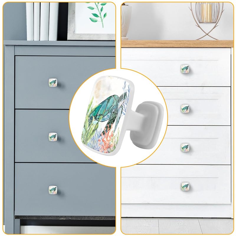 LORVIES 4 Pack Ocean Cabinet Knobs - ABS Glass Square White for Home & Kitchen (Sea Turtle) - Perfect for Dressers & Closets