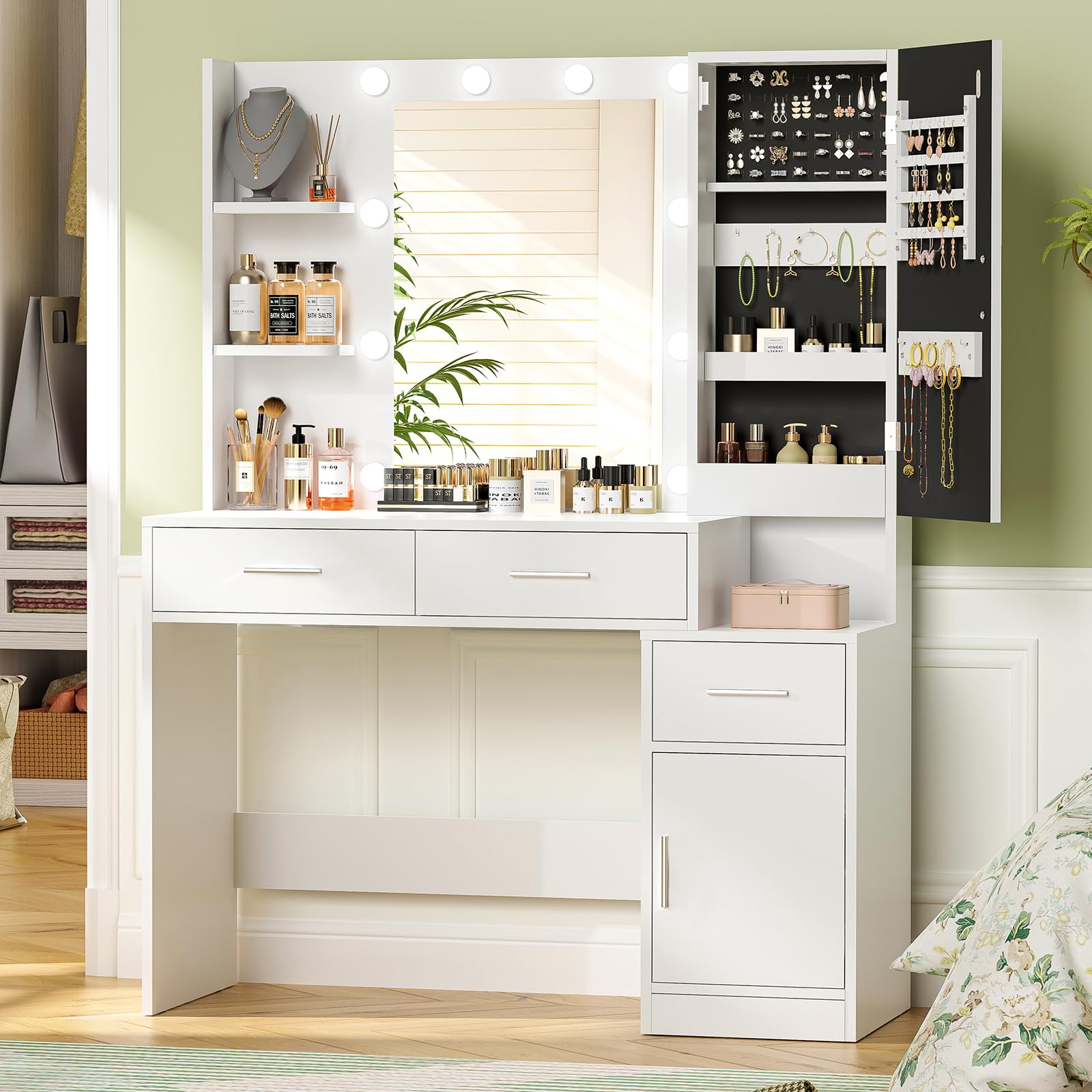 Usikey White Vanity Desk with Mirror & LED Lights - Makeup Vanity Table with 3 Drawers & Jewelry Storage Organizer for Women & Girls | Perfect for Bedroom Decor & Beauty Routine
