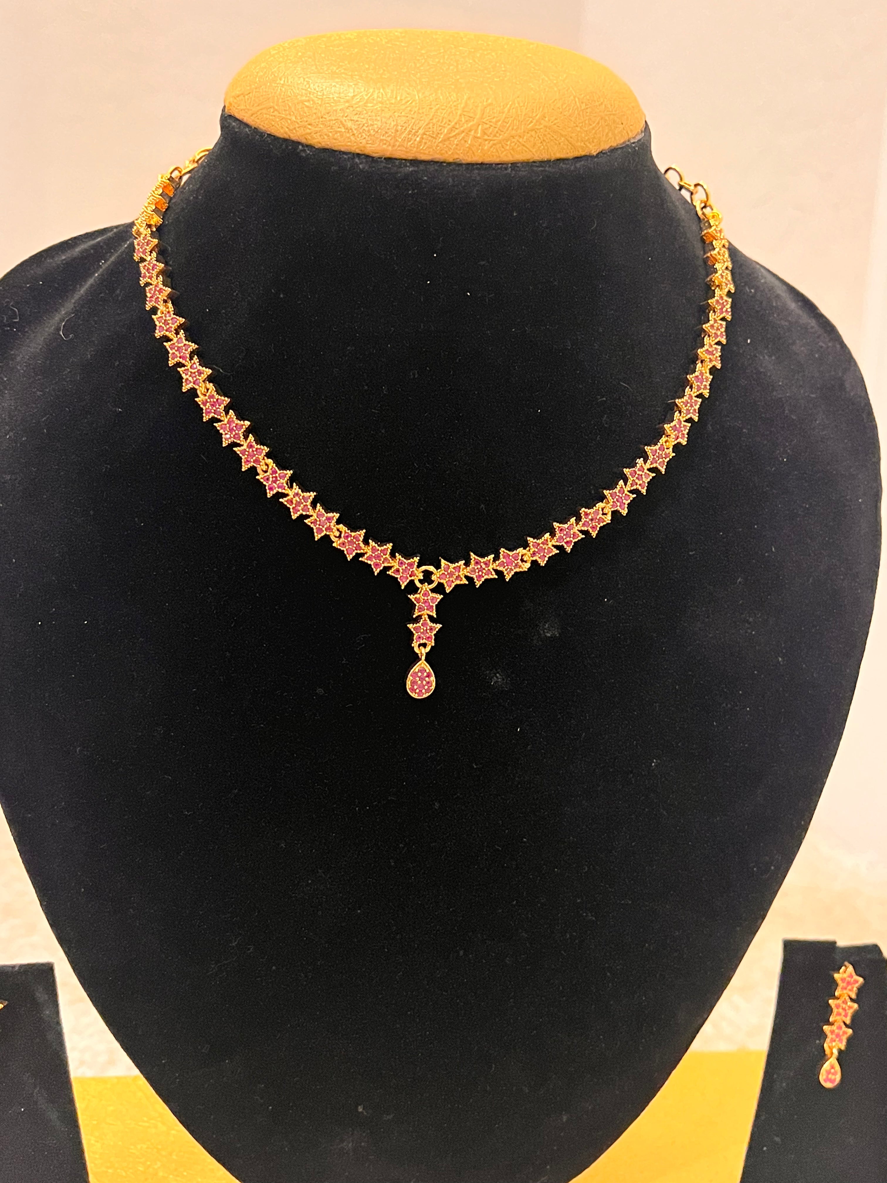 Elegant Gold Plated Pink Stone Star Necklace Set for Women - Perfect for Parties, Weddings & Special Occasions