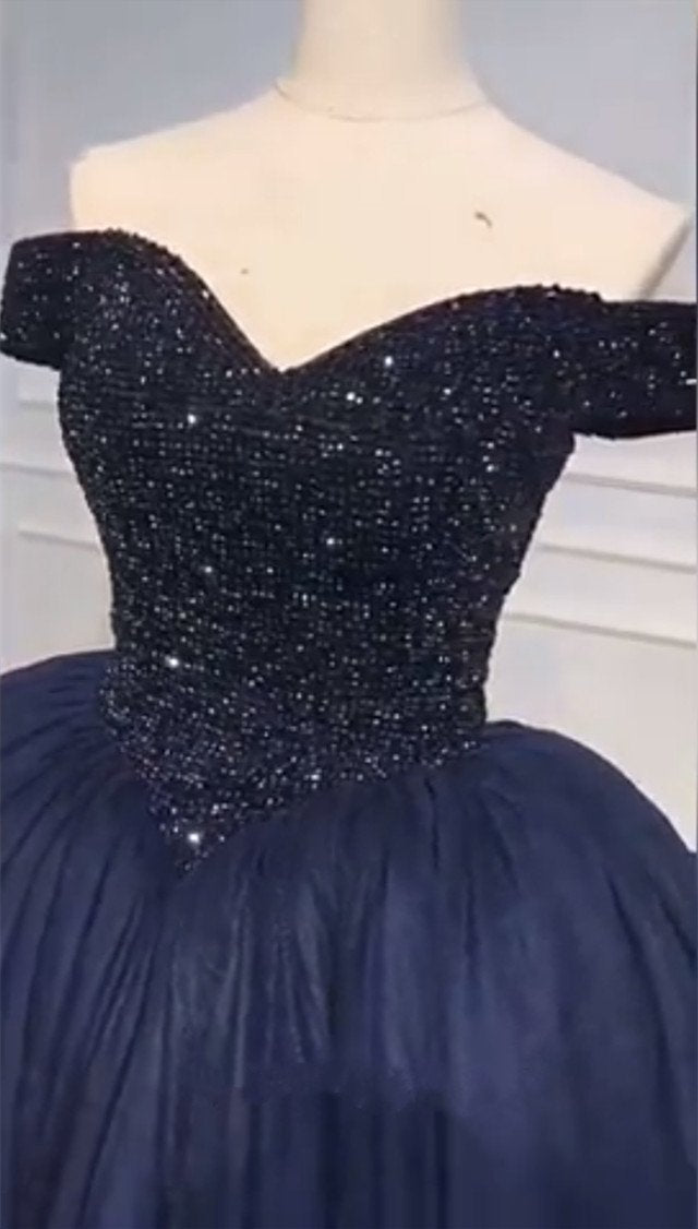 Sparkling Crystal Beaded Corset Ball Gown - Navy Blue Off-Shoulder Wedding Dress for Brides, Prom & Evening Events | Elegant Formal Wear for Special Occasions