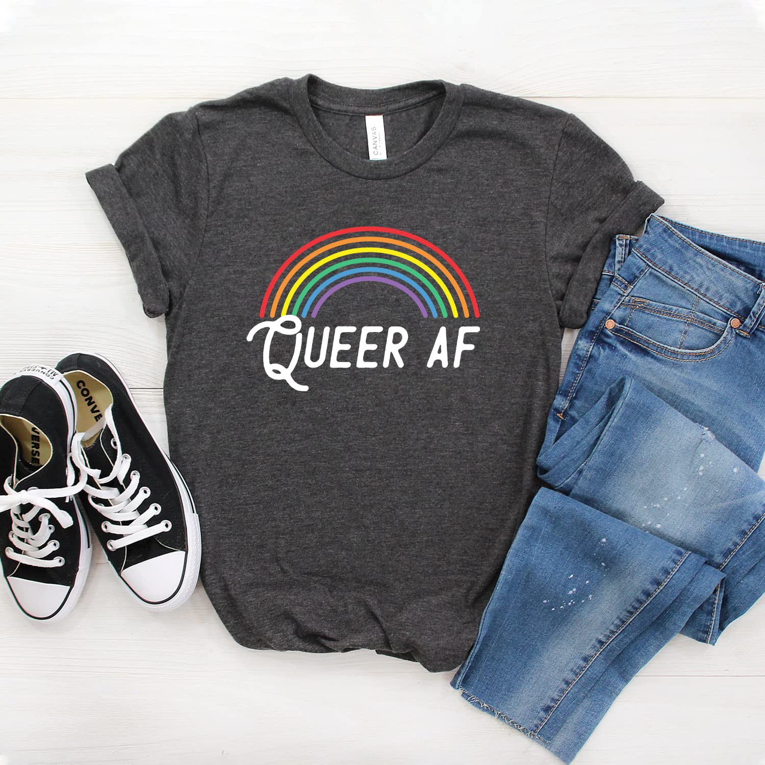 Queer AF Pride Shirt - LGBTQ+ Rainbow Unisex T-Shirt for Gay Lesbian Bisexual Asexual - Soft Comfortable Cotton Tee for Pride Parades, Festivals & Everyday Wear