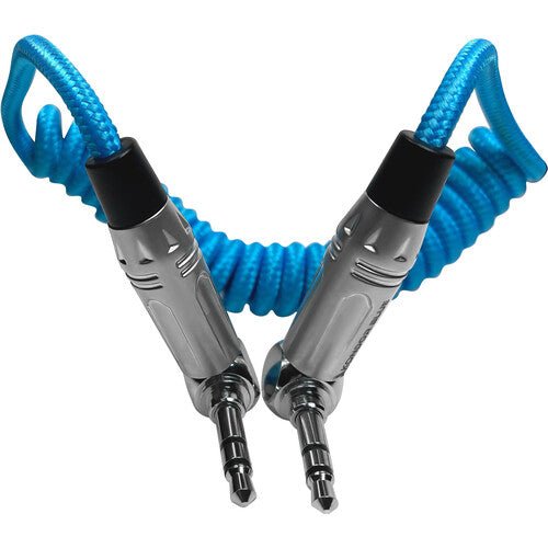 Kondor Blue Coiled 3.5mm TRS Stereo Audio Cable - Right Angle Connector (12ft/24ft) for Studio Headphones, Podcasting & Music Production