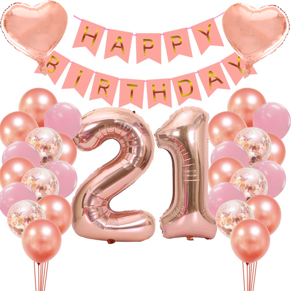 21st Birthday Party Decorations for Women - Rose Gold Balloons, Happy Birthday Banner, Backdrop & Confetti Balloons Set | Perfect for 21st Birthday Celebrations, Bachelorette Parties & Photo Backdrops