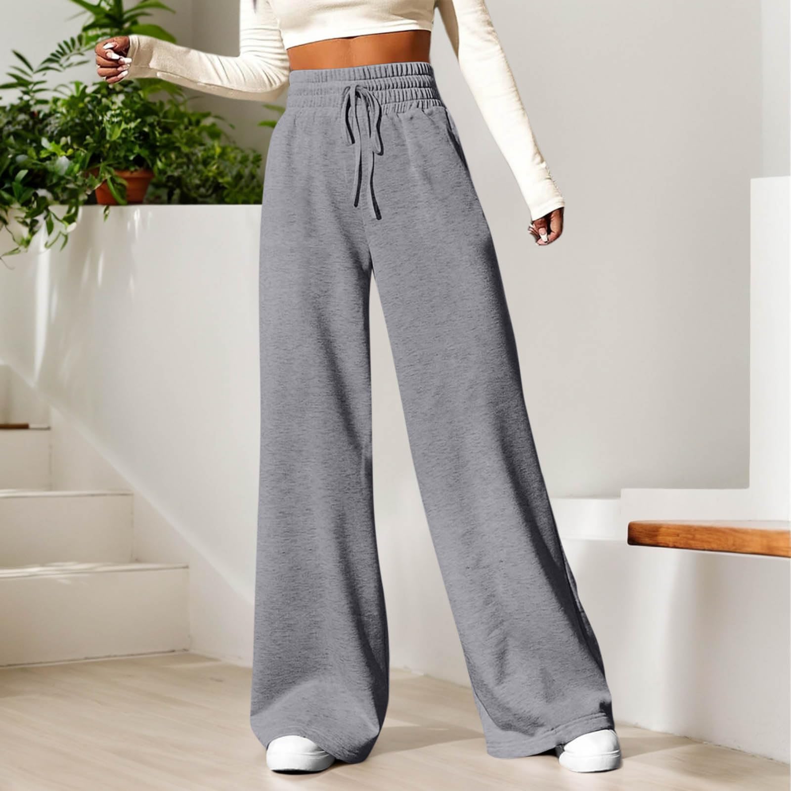 Women's Wide Leg Sweatpants - Winter Warm Baggy Straight Leg Lounge Pants with Pockets, Plus Size Drawstring Flare Joggers for Casual Wear, Yoga & Home Comfort
