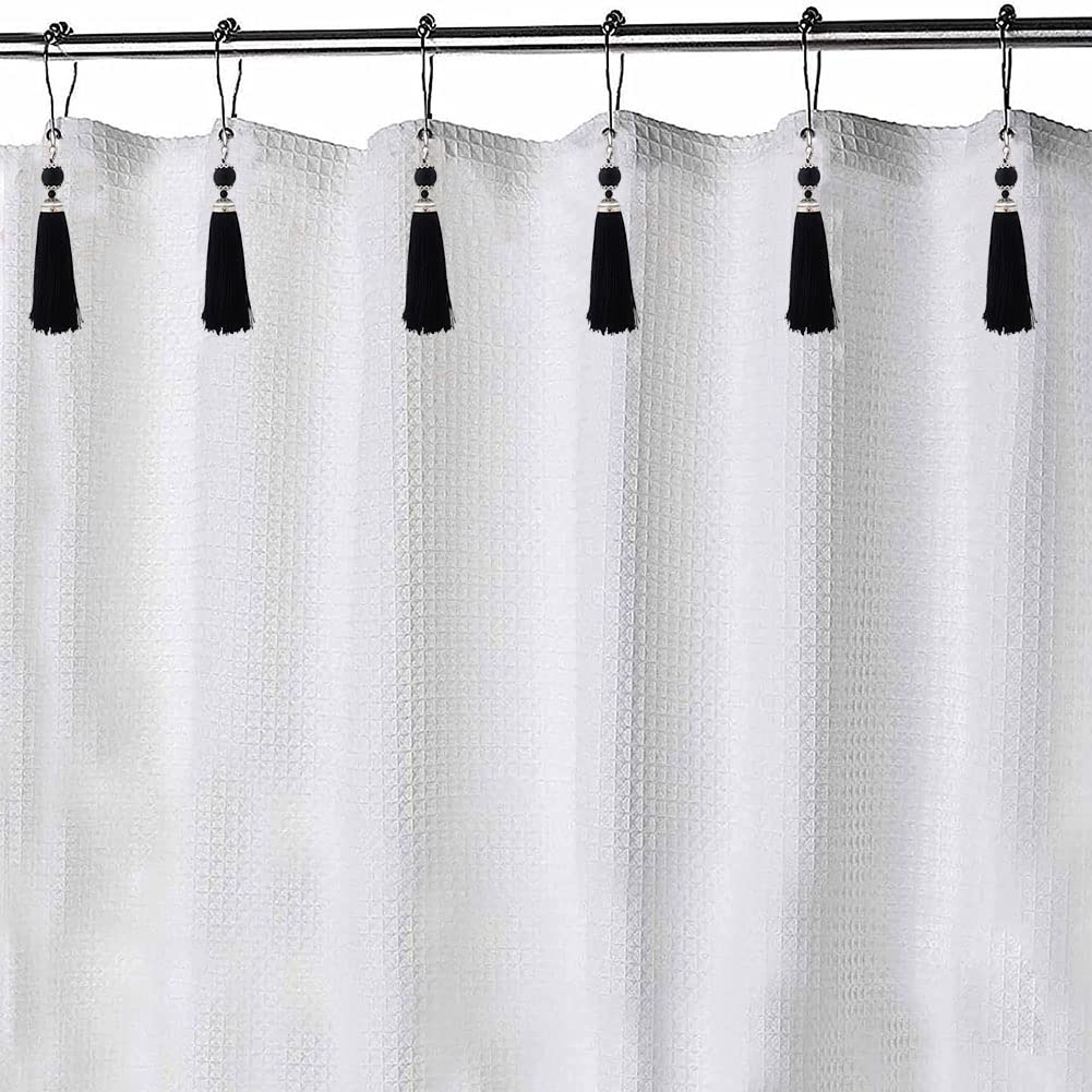 12 Pack Rust-Proof Black Stainless Steel Tassel Shower Curtain Hooks - Decorative Bathroom Curtain Rings for Shower Rods, Bedroom & Living Room - Durable Metal Hooks with Elegant Tassels (Black) - Perfect for Modern Bathroom Decor, Guest Rooms, and Apartment Styling