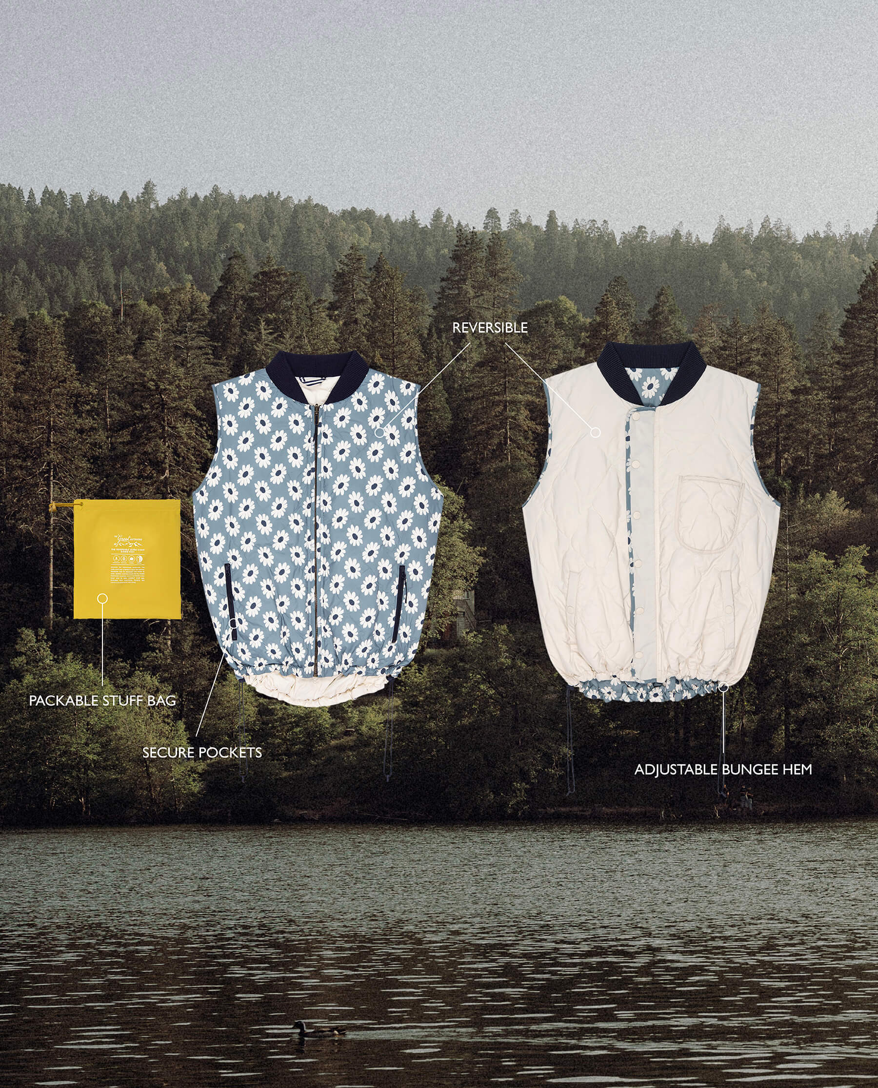Reversible Ultra Light Down Vest for Women - Falling Daisy & Cream Colors - Perfect for Outdoor Activities, Travel & Layering