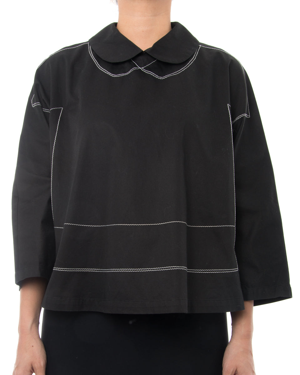 Comme Des Garcons Black Cotton Swing Top with White Topstitching - Women's Fashion T-Shirt for Casual Wear & Street Style Outfits