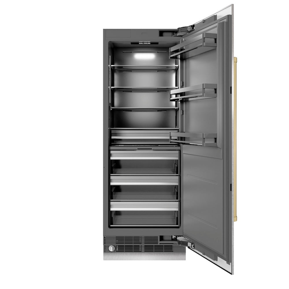 ZLINE 30 Inch Column Refrigerator - 16.7 cu.ft Capacity, Satin Stainless Steel Exterior with Graphite Gray Interior & Champagne Bronze Accents - Perfect for Modern Kitchens & Open-Concept Living Spaces (RCRVZ SN 30 CB)