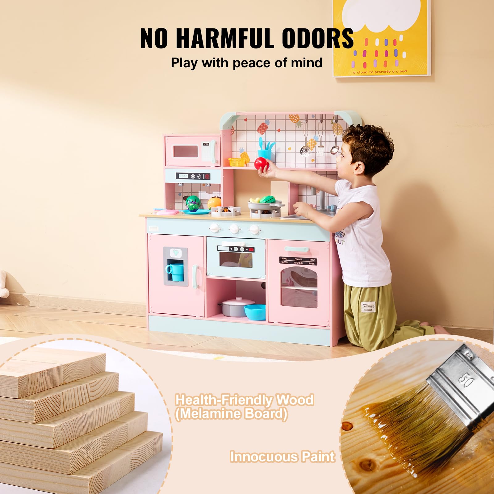 VEVOR Wooden Play Kitchen Toy for Kids Ages 3-8 - Interactive Pretend Play Set with Lights, Sounds, Ice Maker, Oven, Sink, Microwave & Fridge - Includes Utensils & Fruit Accessories - Perfect for Imaginative Play, Role-Playing & Early Learning (Pink)