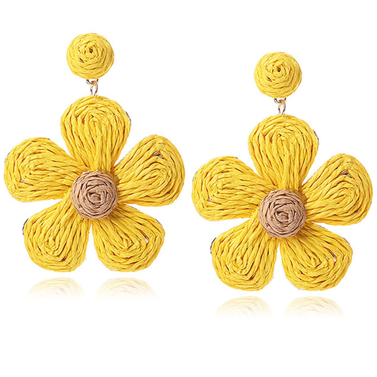 Handmade Bohemian Rattan Flower Dangle Earrings for Women - Colorful Daisy Straw Wrapped Earrings | Summer Beach Holiday Fashion Accessories | Perfect for Music Festivals, Vacations & Boho Chic Outfits