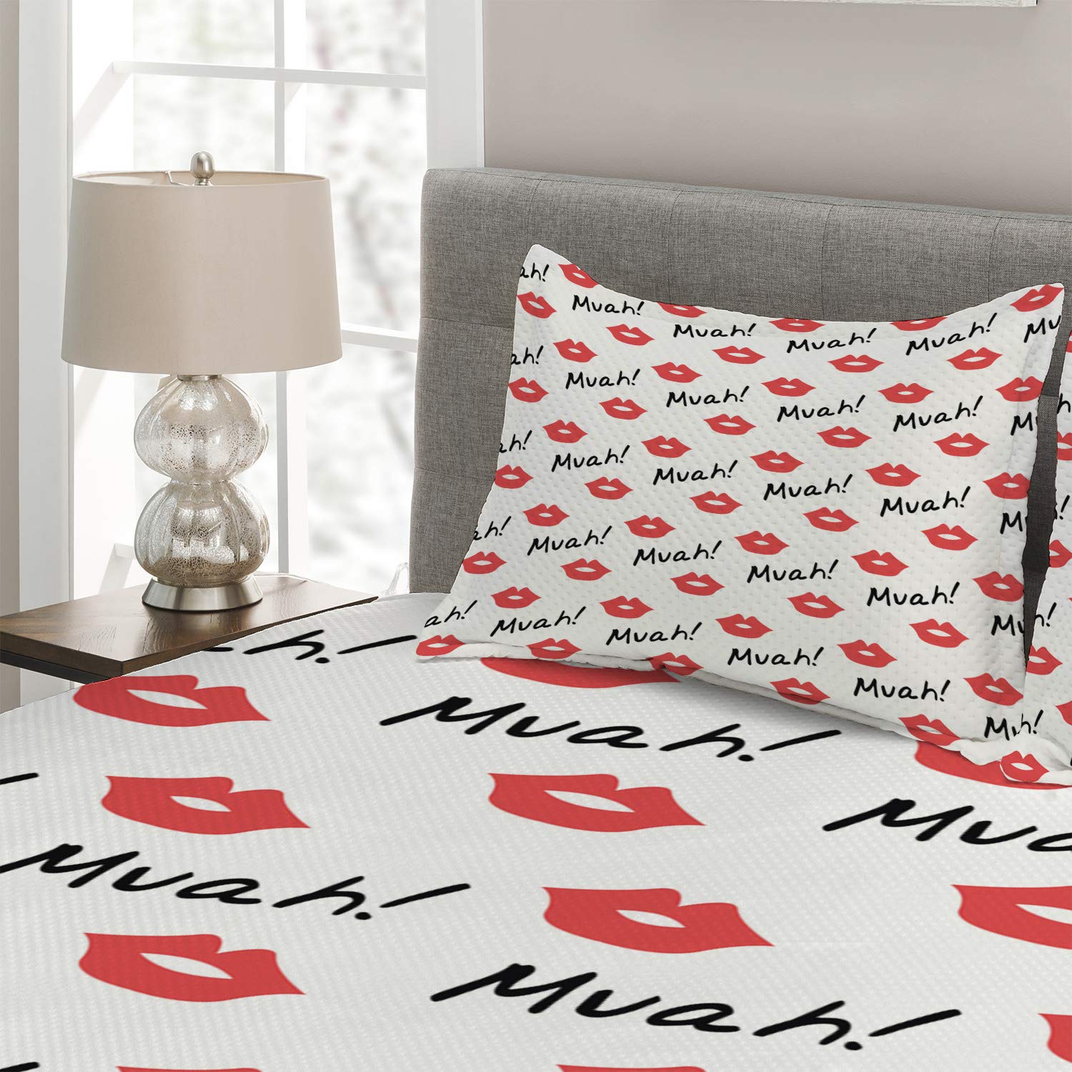 Ambesonne King Size 3-Piece Quilted Bedspread Set - Red Lips Kiss Marks Romantic Design with 2 Pillow Shams | Valentine's Day Gift, Feminine Bedroom Decor | Perfect for Master Bedroom, Guest Room & Romantic Getaways (Vermilion & White)