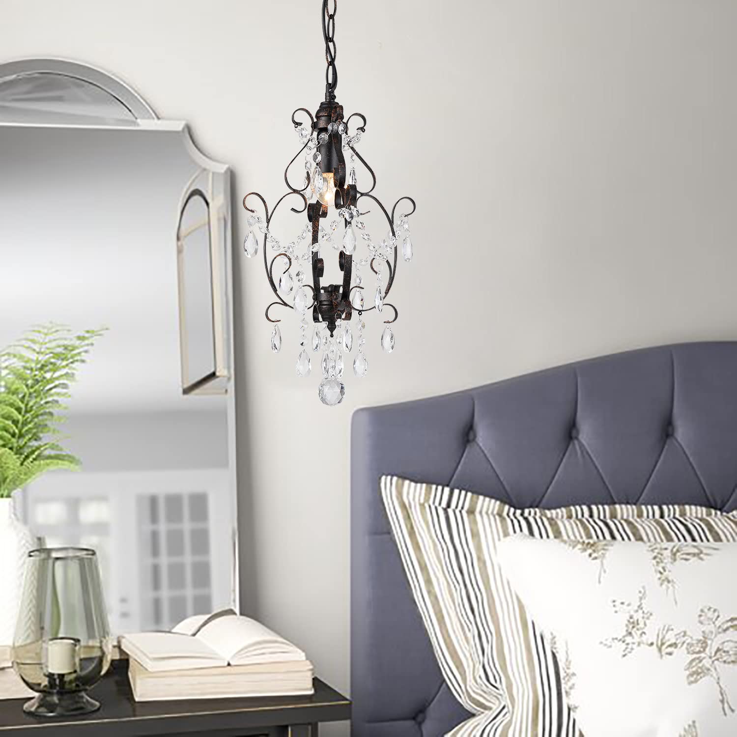 Mini Bronze Crystal Plug-in Chandelier - 1-Light Hanging Fixture with 14.27 Ft Cord & On/Off Switch for Bedroom, Dining Room, Living Room | Elegant Lighting for Home Decor, Weddings & Special Events