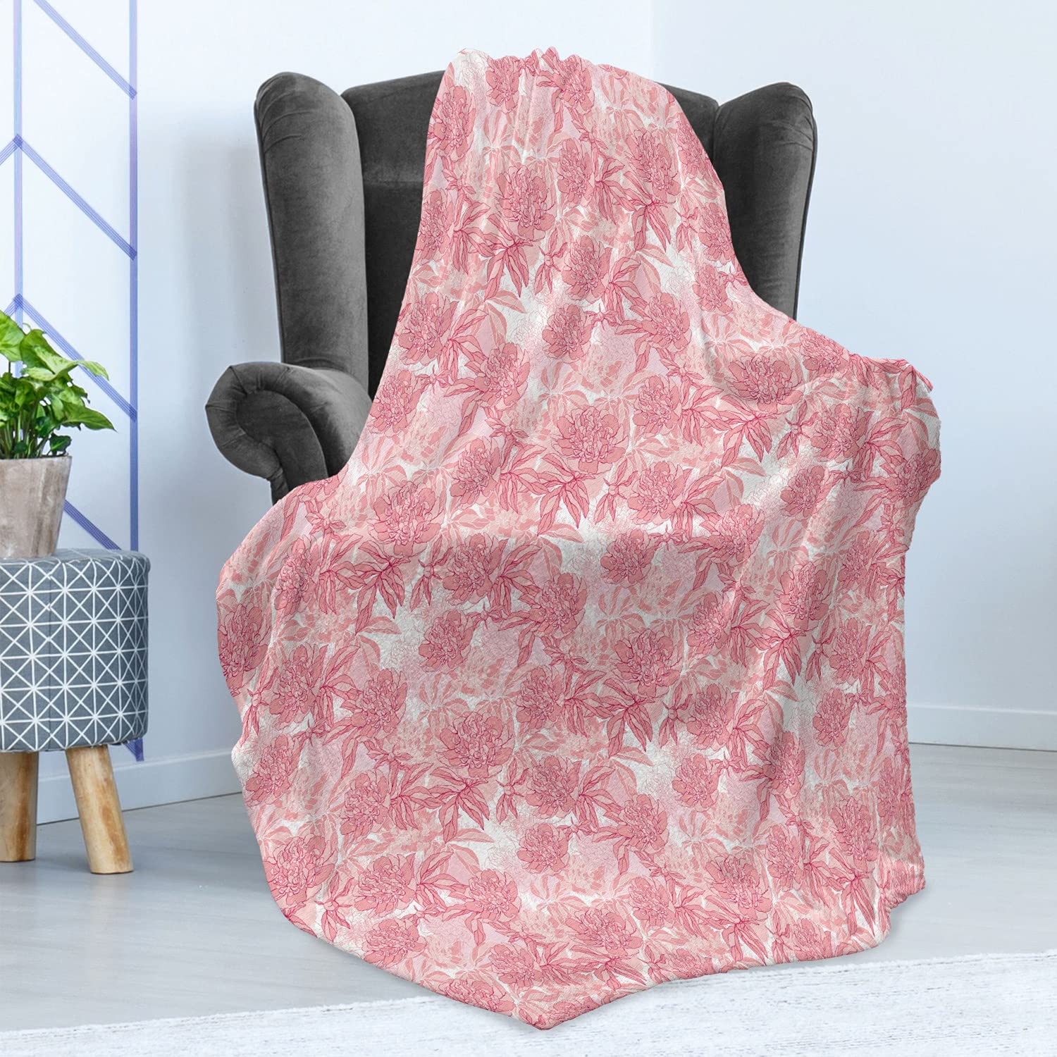 Ambesonne Rose Throw Blanket - Hand Drawn Peony Floral Design in Magenta, White & Rose | Soft Flannel Fleece Blanket for Couch, Bed & Sofa (60