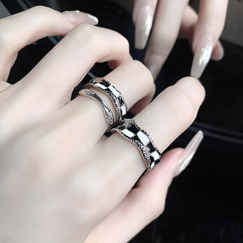 Black & White Checkerboard Layered Silver Ring for Women | JZ2517 | Elegant Stackable Jewelry for Everyday Wear & Special Occasions