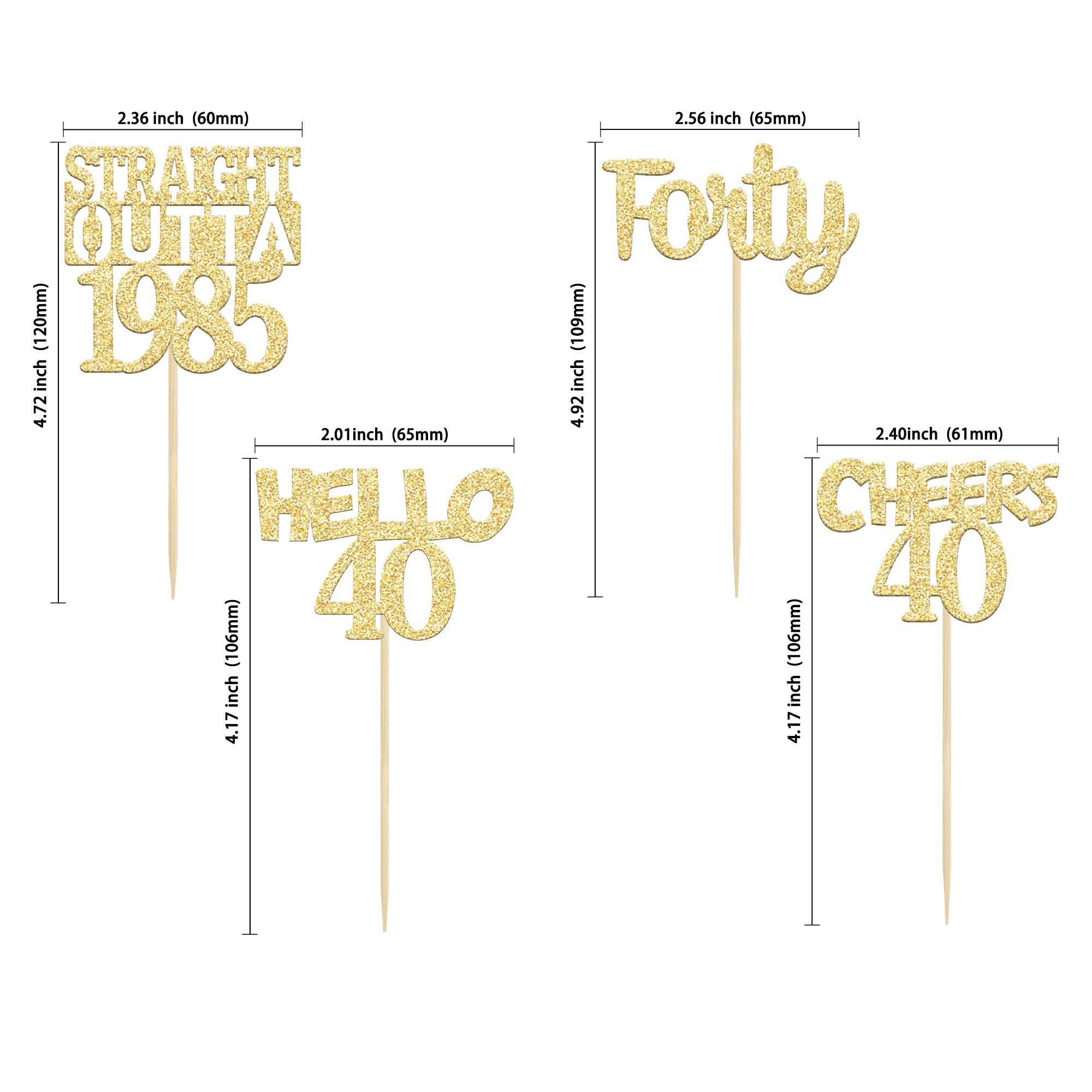 Gyufise 24 Pack 40th Birthday Cupcake Toppers - Gold Glitter 'Forty Straight Outta 1985' & 'Hello 40' Cake Decorations for Anniversary Parties - Cheers to 40 Years Celebration Supplies (Perfect for Milestone Birthdays, Retirement Parties & Decadent Dessert Displays)