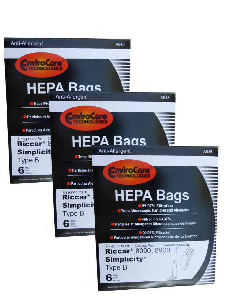 EnviroCare 18 Bags (3 Pack) HEPA Type B Allergy Vacuum Bags for Riccar 8000/8900, Simplicity 7/7000 Series & Belvedere Upright Vacuums - Dust Mite & Pet Hair Protection for Allergy Sufferers & Home Cleaning