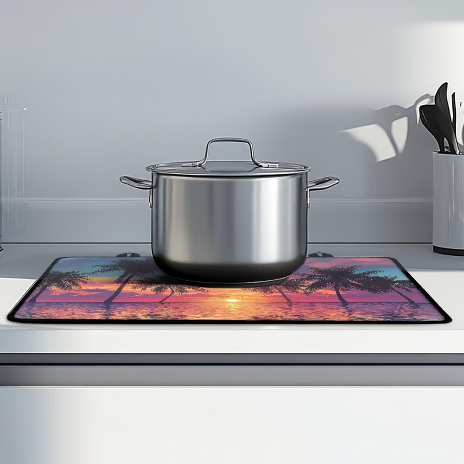 Heat-Resistant Glass Stove Top Cover with Non-Slip Design - Coconut Tree Beach Theme Oven Protector Mat for Electric Stoves | Perfect for Kitchen Countertop Protection & Dish Drying | Ideal for Beach House, Vacation Rental & Tropical-Themed Kitchens