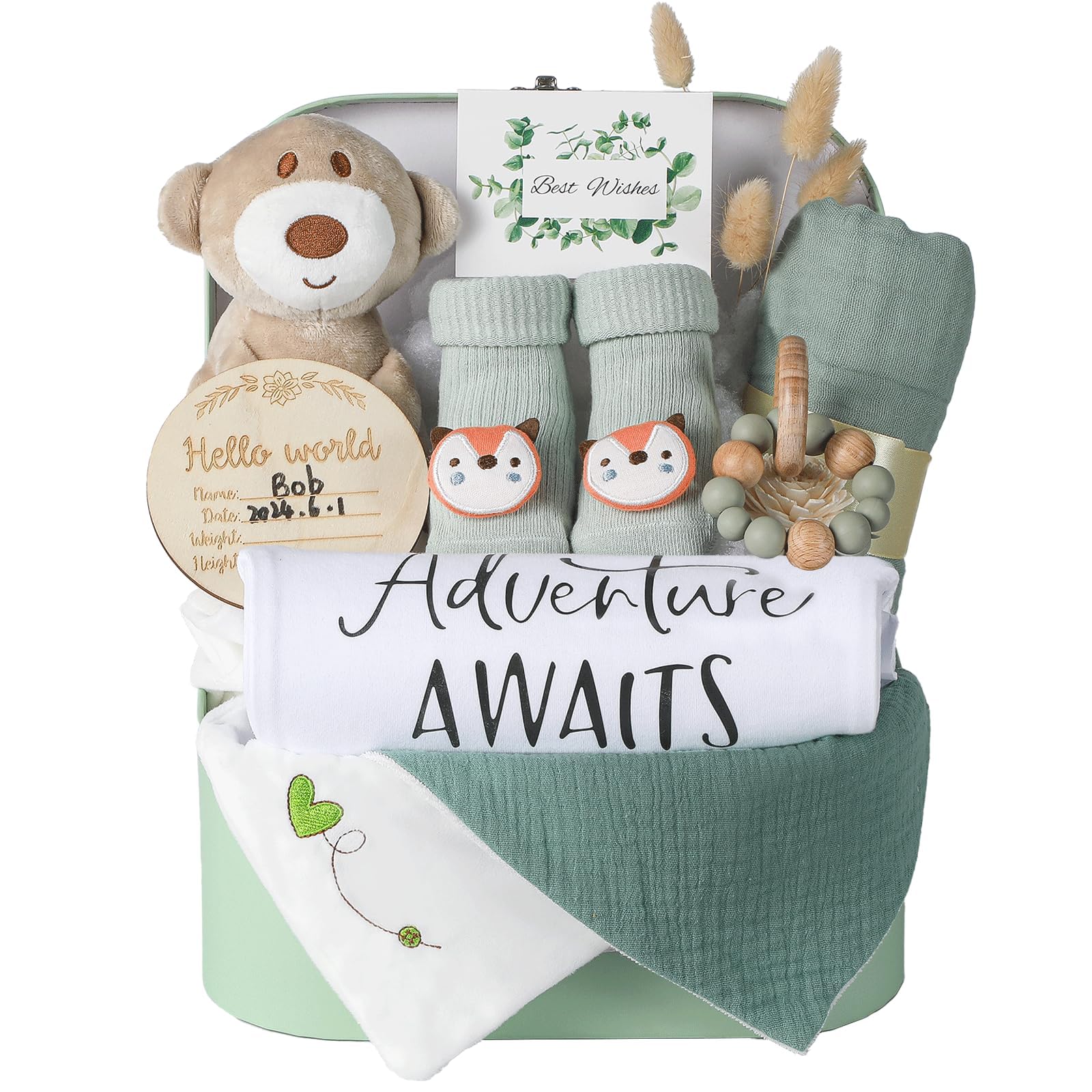 Premium Baby Shower Gift Set - Newborn Essentials Basket with Rattle, Swaddle & Security Blanket | Gender Neutral Sage Green Baby Gifts for Girls & Boys | Perfect for Birthdays, Welcoming Newborns & Nursery Decor