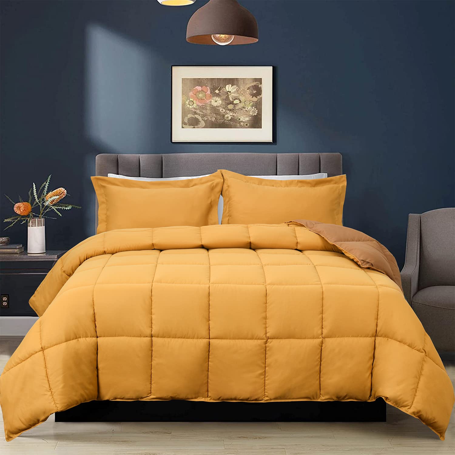 HIG 3-Piece All Season Reversible Mustard Yellow Down Alternative Comforter Set Twin Size - Baffle Box Construction - 100% Hypoallergenic Polyester Filling - Breathable Wrinkle Resistant Bedding - Perfect for Guest Rooms, Dorms & Cozy Bedrooms