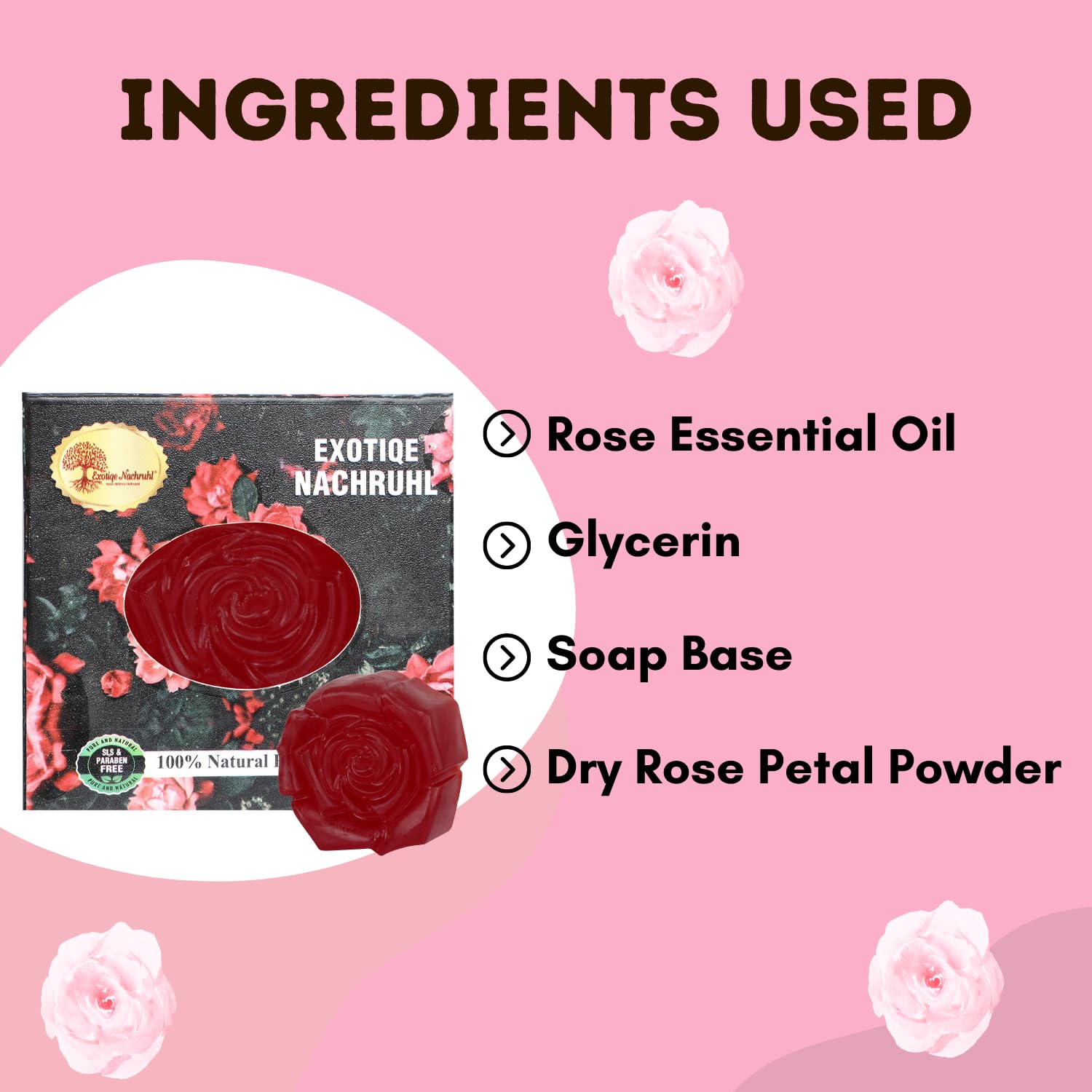 Exotiqe Nachruhl Handmade Royal Rose Soap - 3 Pack Natural Bath Soap for Women & Men (110g Each) with Rose Essential Oil & Dry Rose Petals | Luxury Skincare, Gift Idea, Sensitive Skin Care, Spa Day Essential
