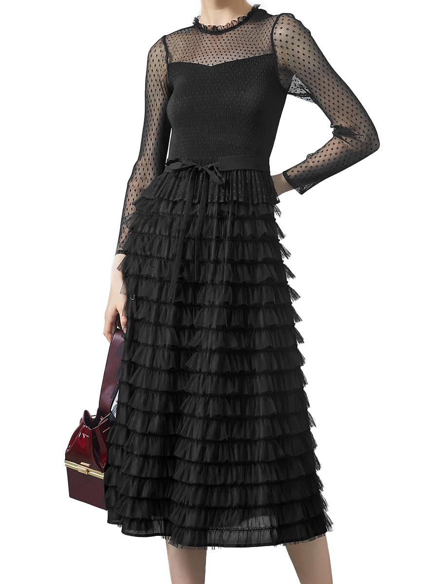 Elegant Women's Long Sleeve Mesh Layered Chiffon Midi Dress for Wedding Guest, Cocktail, Prom & Evening Party - Perfect for Formal Events, Date Nights & Special Occasions