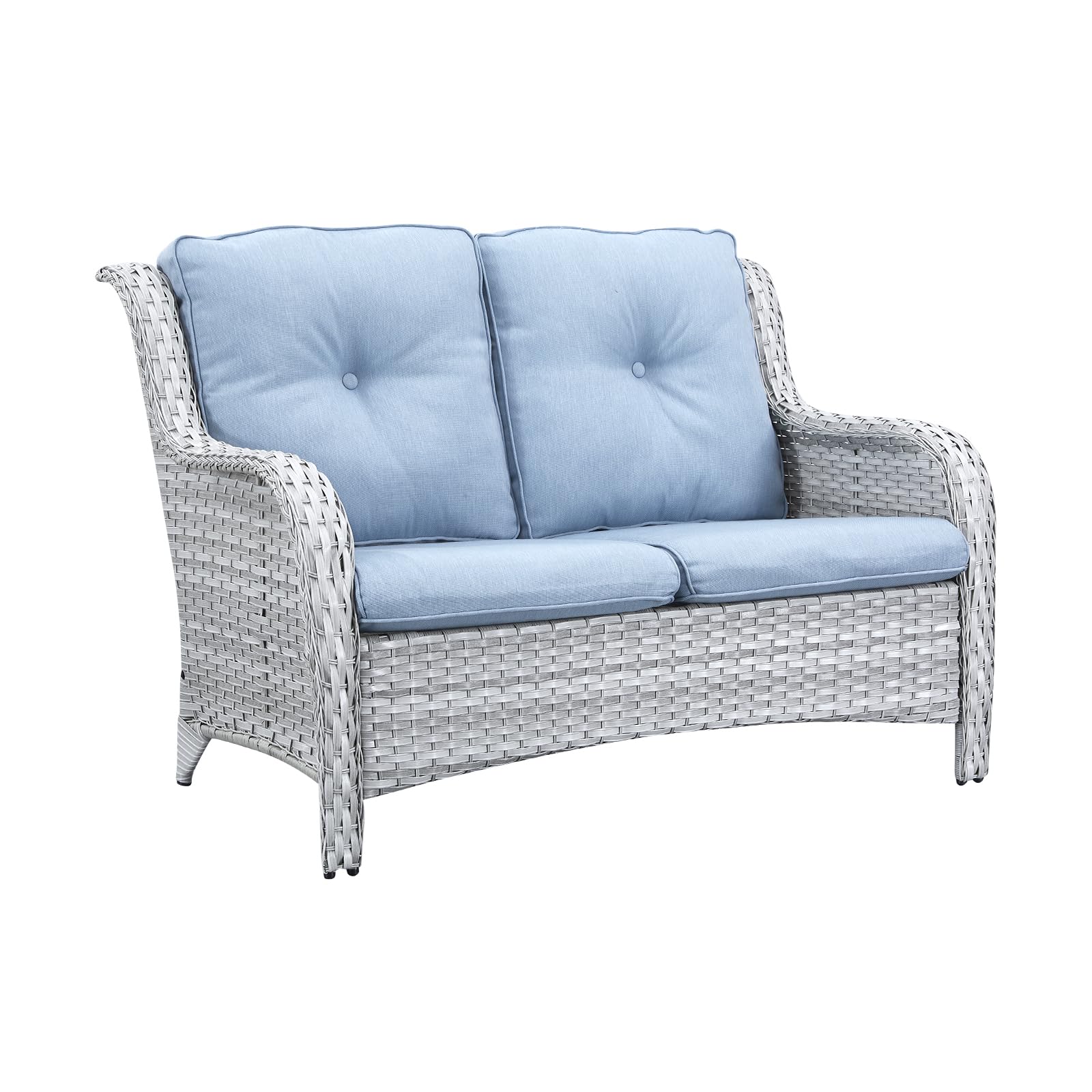 Outdoor Wicker Loveseat Patio Sofa - 2-Seater Rattan Couch with Deep Seating & Comfortable Cushions for Porch, Deck, Balcony (Light Grey/Sky Blue) | Perfect for Backyard Relaxation, Poolside Lounging & Garden Decor