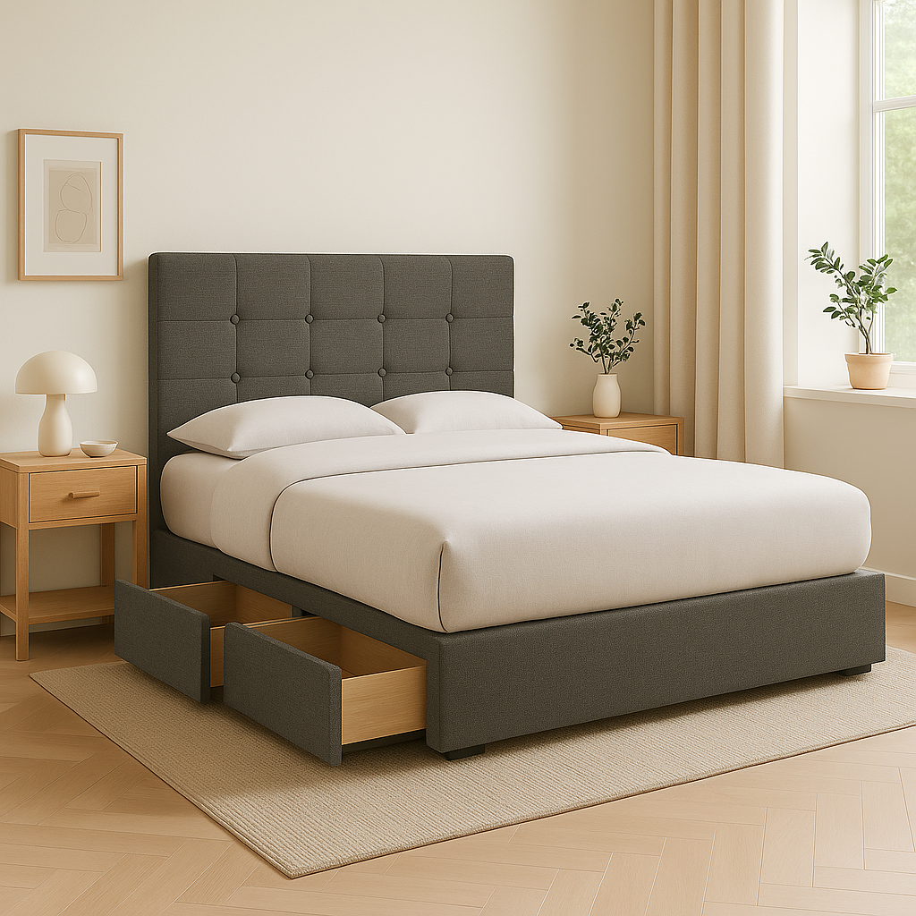 Ellie Fabric Drawer Bed Frame with Storage - Queen Size Platform Bed Frame with 4 Drawers, Sturdy Metal Frame & Easy Assembly - Perfect for Small Bedrooms, Dorms & Guest Rooms