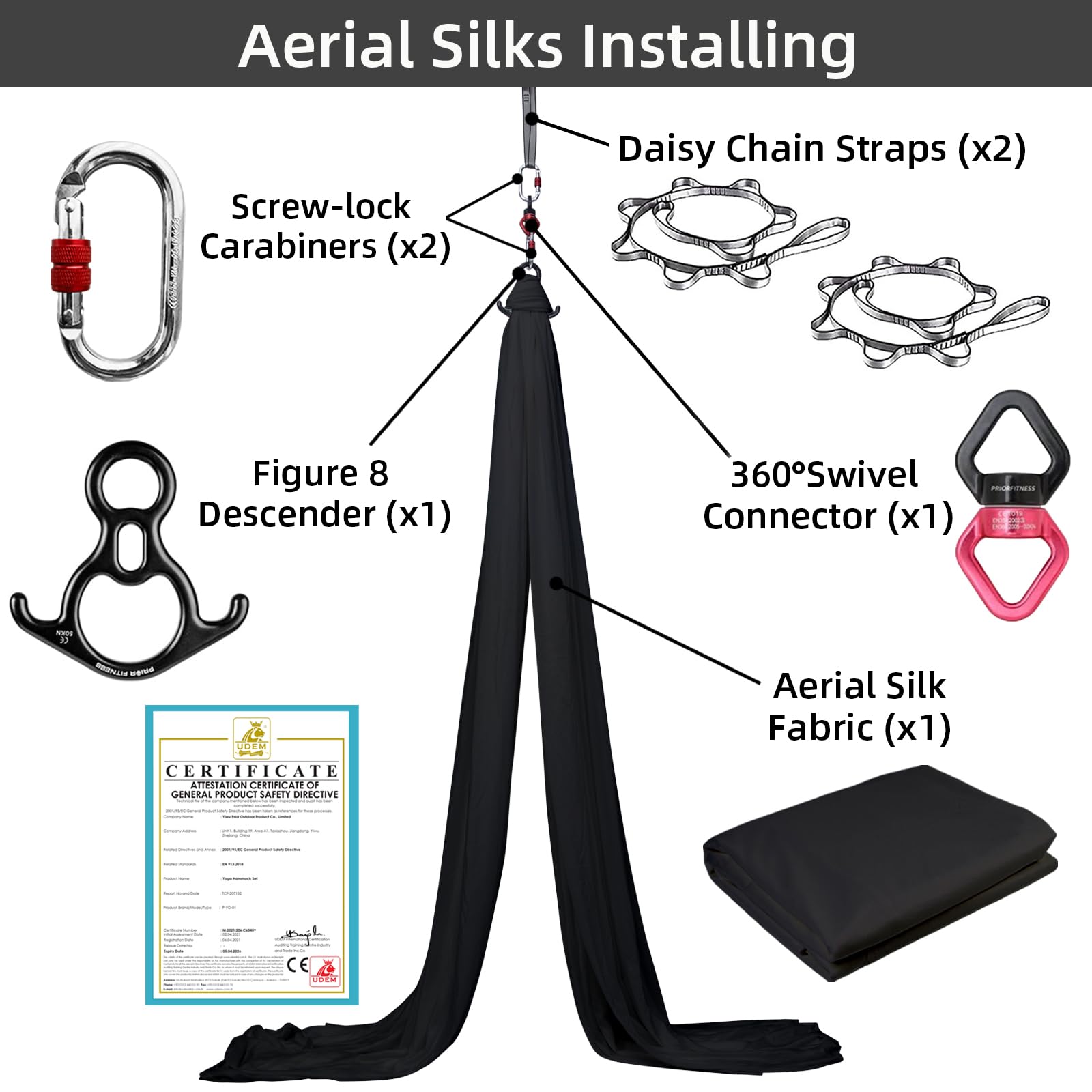 PRIOR FITNESS Aerial Yoga Silks Kit - 9/15/20 Yards 40D Nylon Fabric Hammock Set with Hardware & Instructional Guide - for Aerial Yoga, Circus Training, Dance & Fitness - Beginner to Advanced Levels - Home & Studio Use