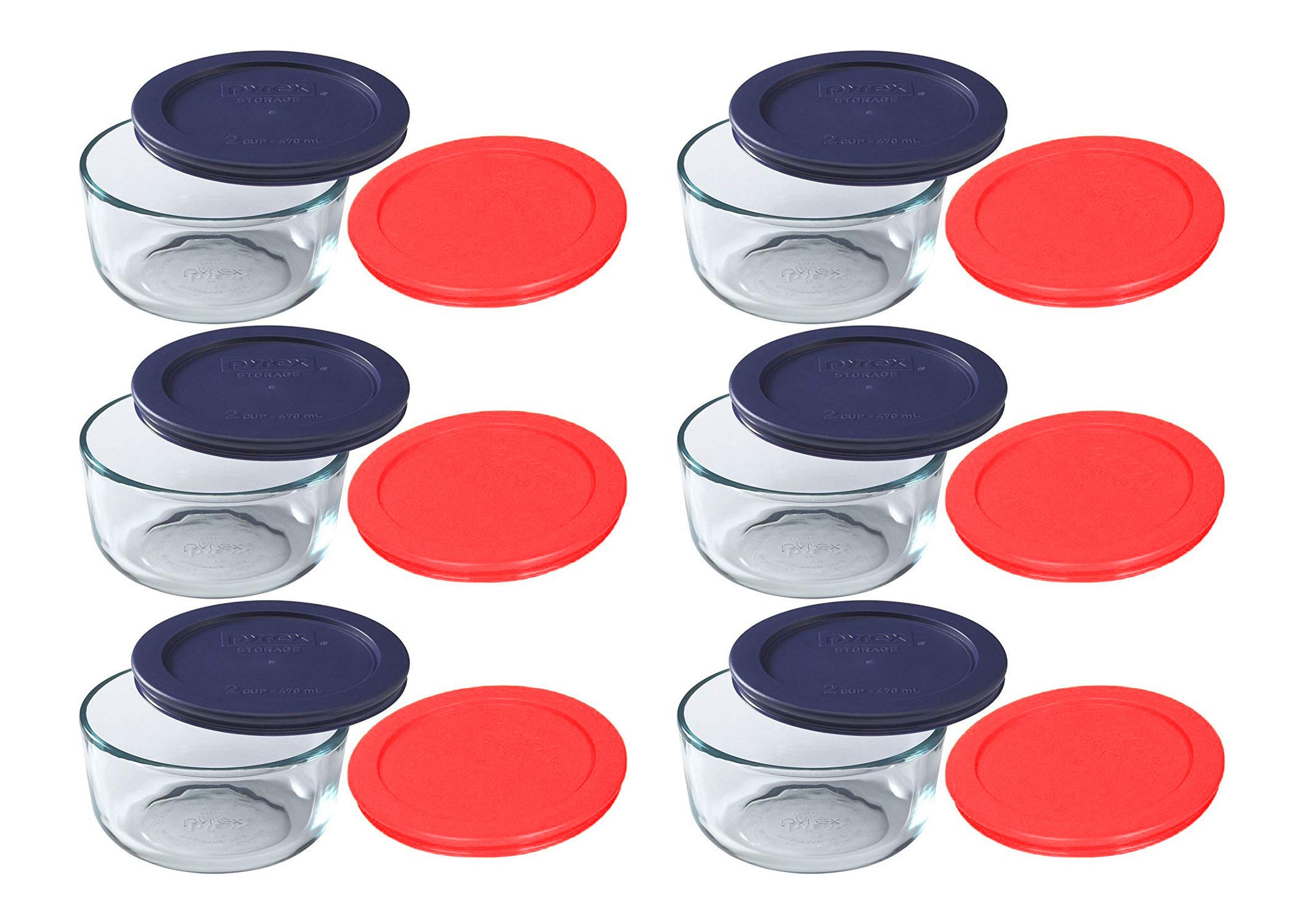 Pyrex 2-Cup Round Glass Storage Containers with Red & Blue Lids - 6-Piece Set (12 Lids Included) - Perfect for Meal Prep, Leftovers & Refrigerator Organization