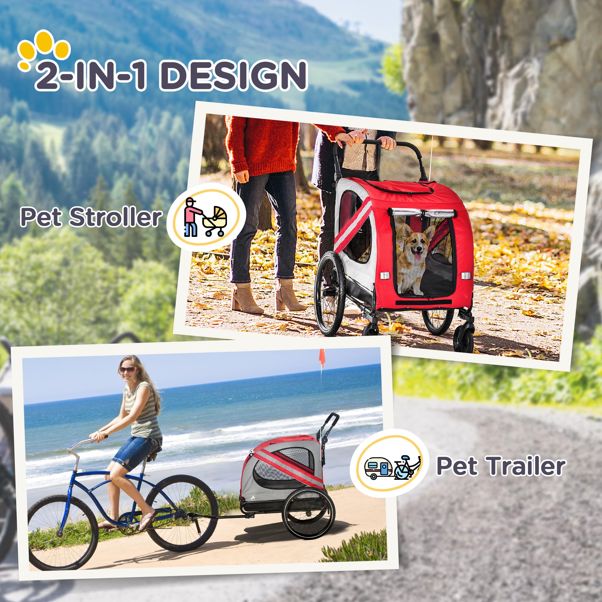Aosom 2-in-1 Pet Bike Trailer for Small Dogs - Road-Visible Bicycle Stroller & Weatherproof Bike Wagon with Sidecar Attachment - Perfect for Cycling Adventures, Dog Park Trips & Outdoor Activities