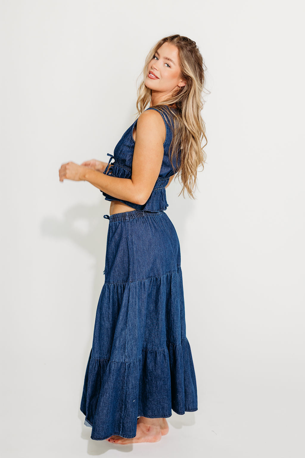 Noah Women's 100% Cotton Denim Peplum Top & Midi Skirt Set - Casual Outfit for Spring Summer | Office Wear, Date Night, Weekend Brunch