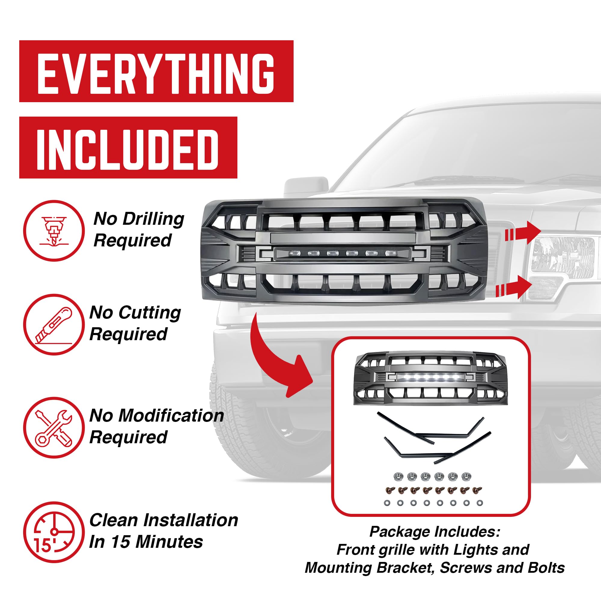 2009-2014 Ford F150 Front Grille Replacement - Matte Black Off-Road Style with LED Lights | Durable Aftermarket Grill Upgrade for Truck Accessories & Off-Road Adventures