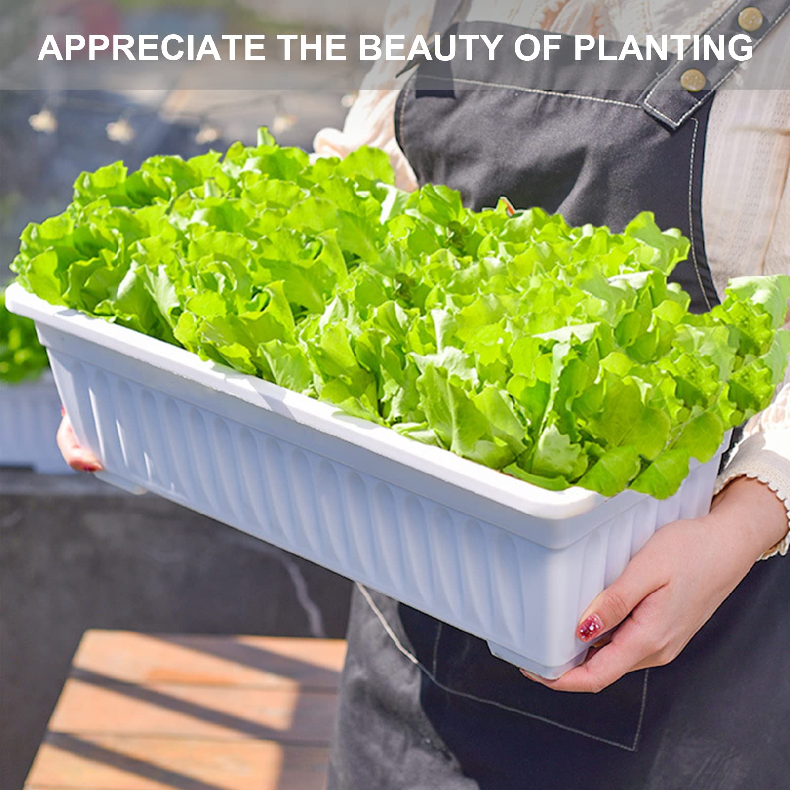 6 Pack White Plastic Window Box Planters - 17 Inch Rectangular Flower & Vegetable Planters with Drainage Trays - Perfect for Windowsill, Balcony, Patio, Garden & Porch Decor - Indoor/Outdoor Gardening Solution