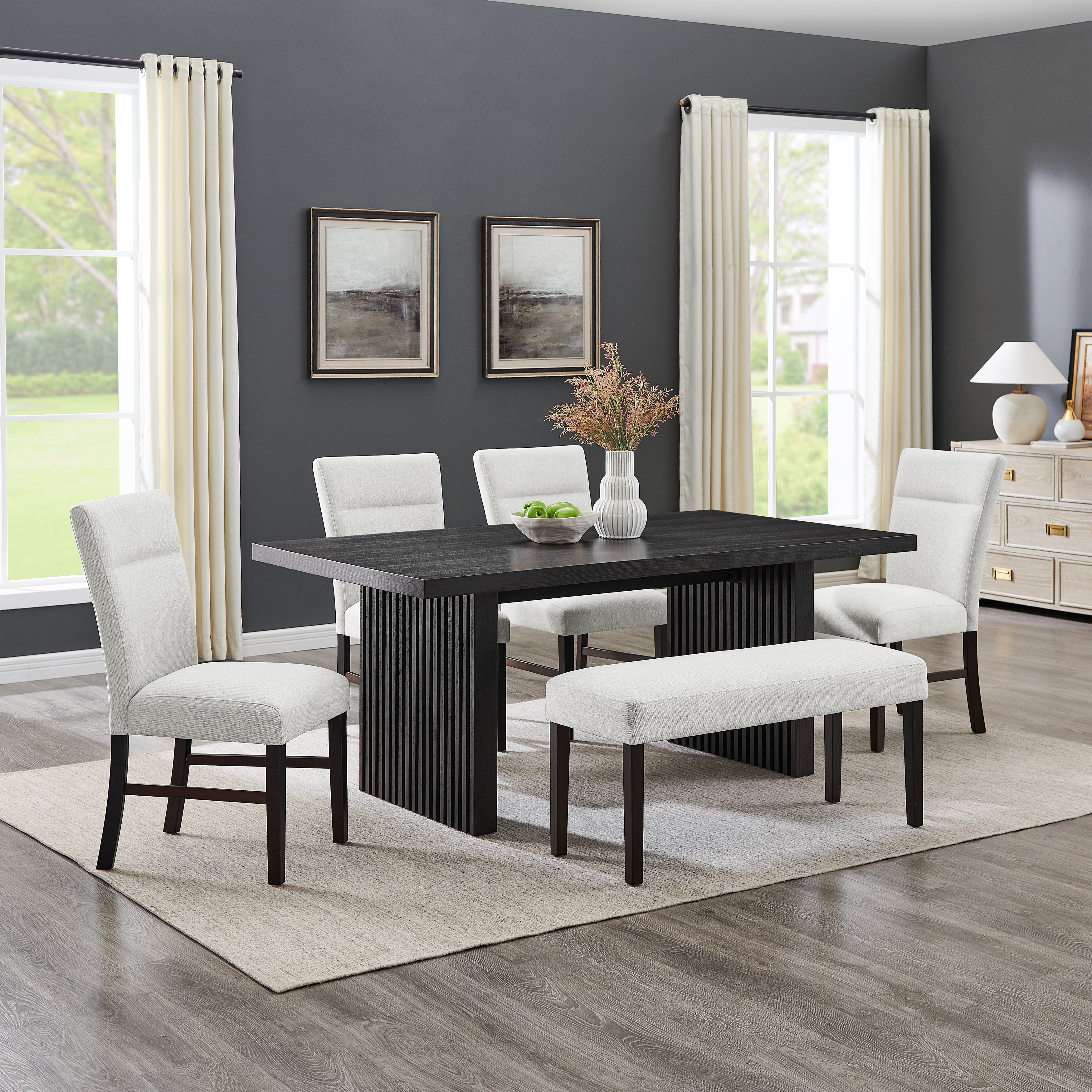Roundhill Furniture Madison 6-Piece Dining Set - Gray Slat Fluted Dining Table with 4 Chairs & Bench | Perfect for Kitchen, Dining Room & Small Spaces