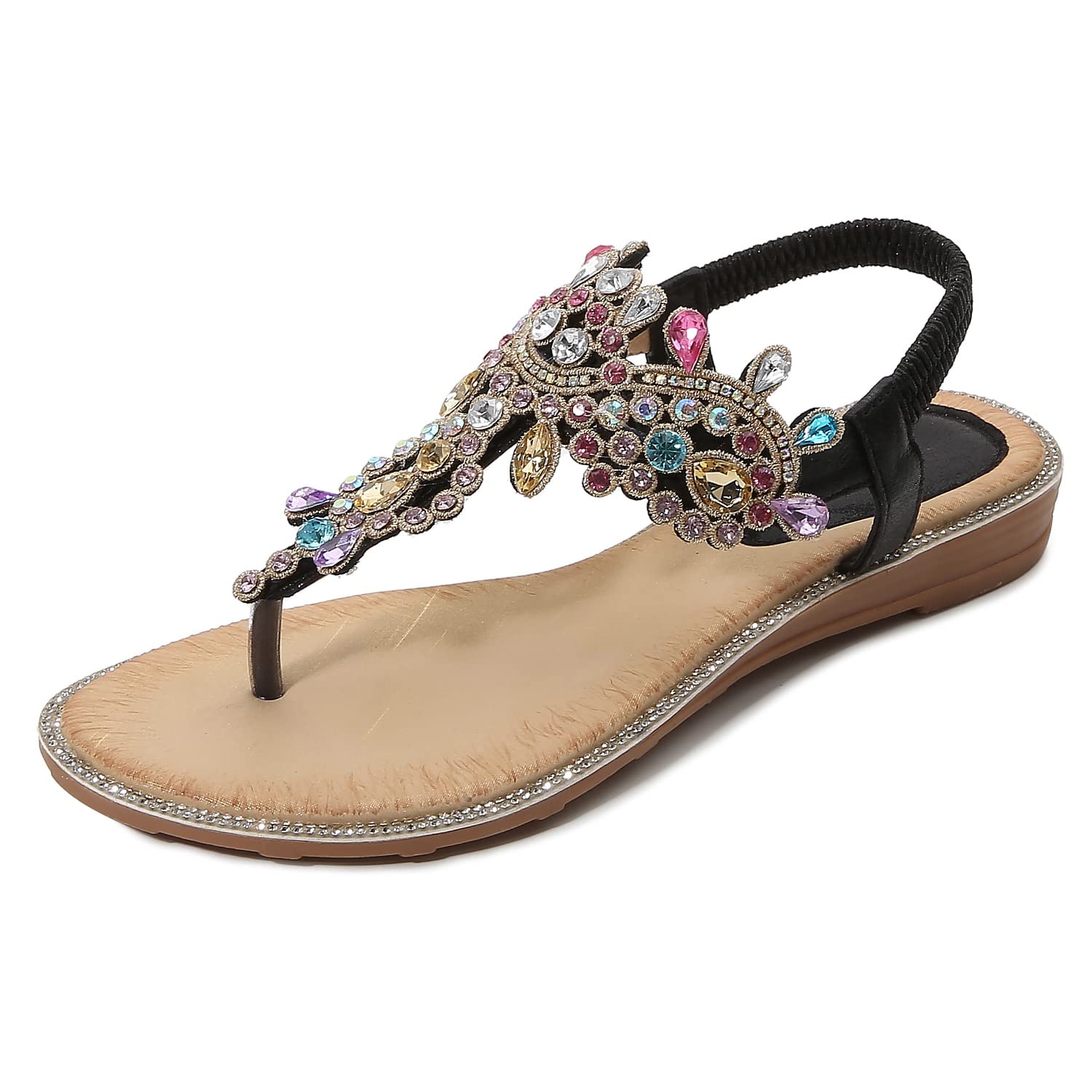 iCKER Women's Bohemian Beaded Flat Sandals - Rhinestone Leather Thong Sandals for Ladies | Perfect for Beach, Vacation, and Summer Outfits