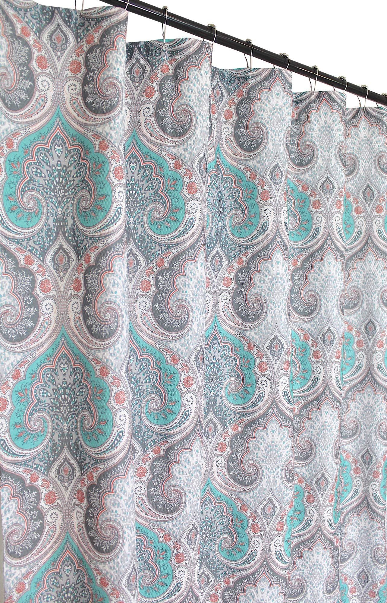 Boho Floral Damask Fabric Shower Curtain - Waterproof Bathroom Decor in Teal, Pink & Grey - Perfect for Vintage Style Bathrooms & Boho Chic Home Decor