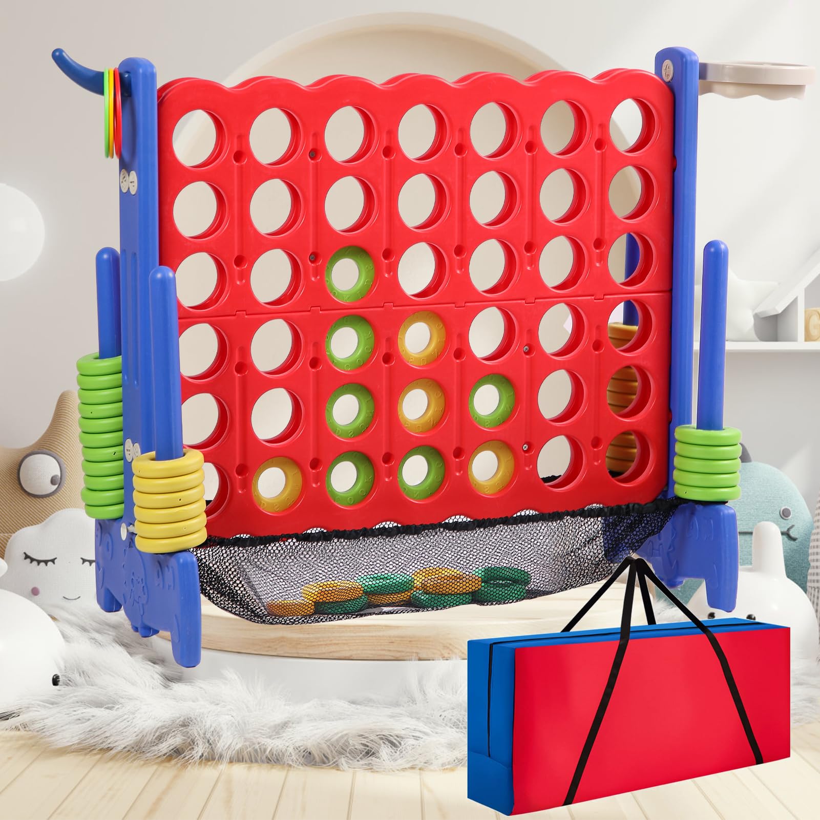 Giant 4-in-a-Row Outdoor Game Set with Carrying Bag & Durable Mesh Fabric - Perfect for Backyard, Beach, Picnics, Family Gatherings & Party Games (Blue & Red)