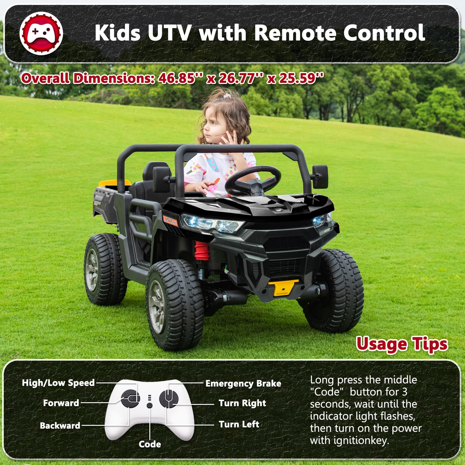 24V 2-Seater Electric Ride-On Toy Car for Kids with Remote Control, Dump Bed, 4WD, EVA Tires & Music - Perfect for Outdoor Play, Backyard Fun & Birthday Gifts (Black)