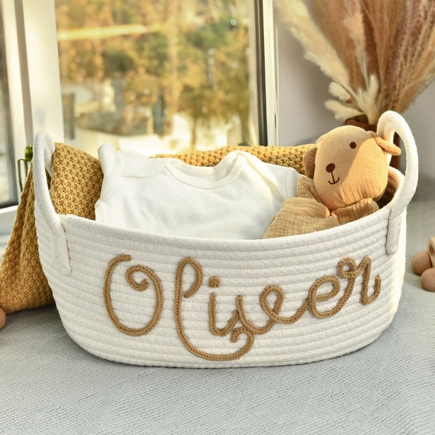 Personalized Baby Shower Gift Basket - Handmade Cotton Rope Storage Bin with Handles for Nursery Organization | Cute Woven Baby Essentials Organizer | Perfect for Newborn Gifts, Nursery Decor & Baby Shower Favors