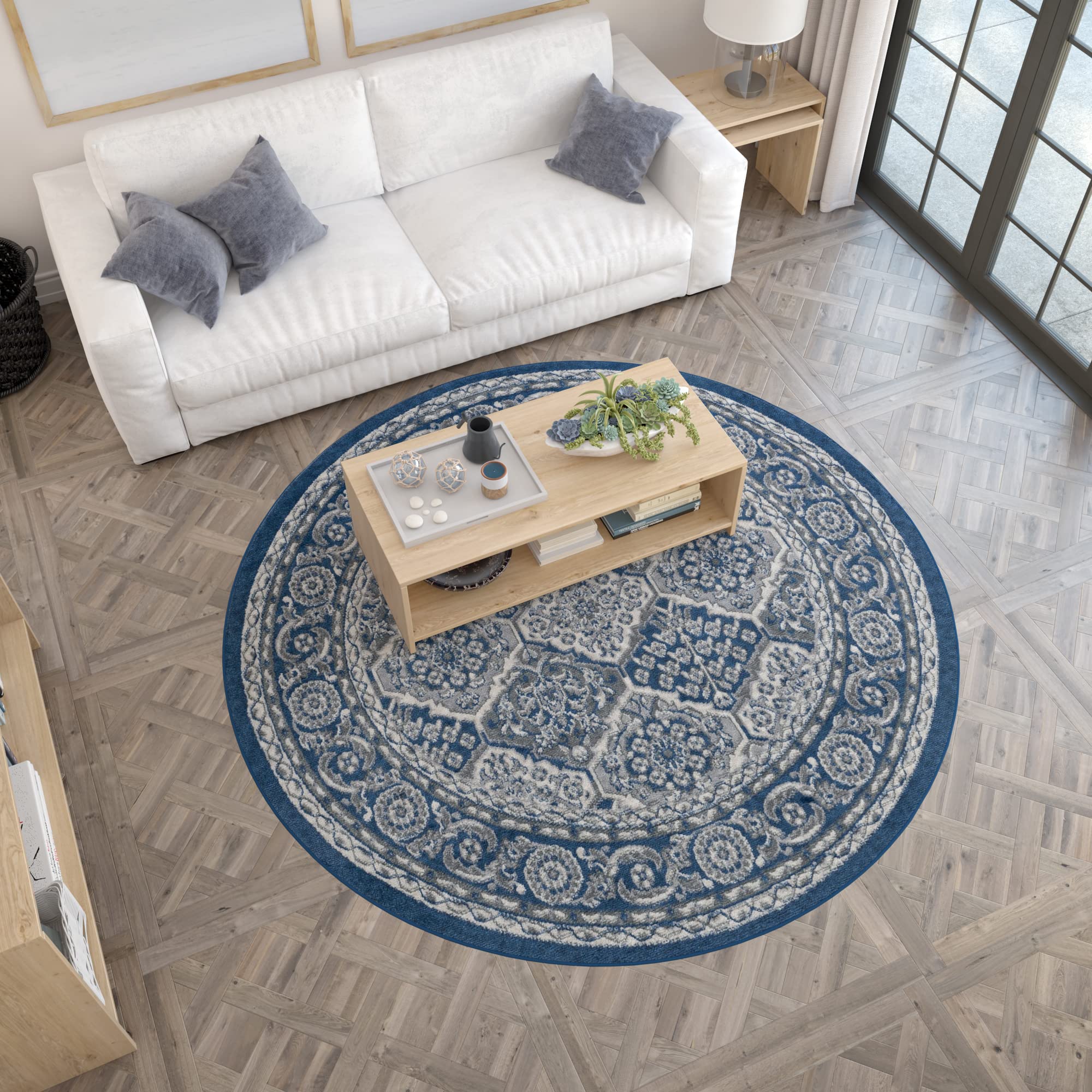 Tayse Oxnard Navy 6-Foot Round Area Rug - Traditional Oriental Blue Carpet for Living Room, Bedroom & Dining Room - Soft 5'3