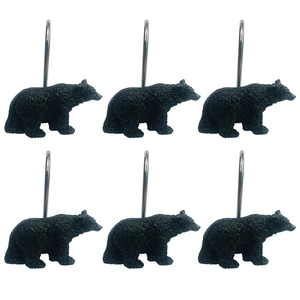 Black Bear Lodge Shower Curtain Hooks Set of 12 - Rustproof Bathroom Accessories for Cabin, Camping & Outdoor Decor - Perfect for Rustic, Lodge & Wilderness Themed Bathrooms