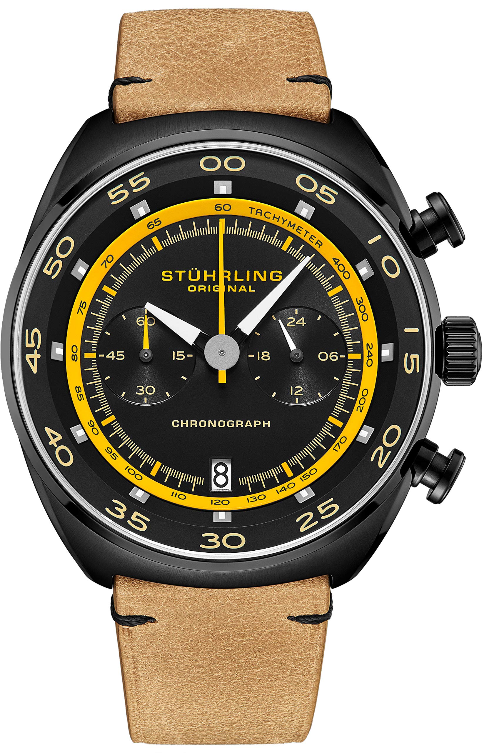 Stuhrling Original Men's Chronograph Watch with Date, Genuine Leather Strap & Stainless Steel Case - Tachymeter & 24-Hour Subdial Analog Dress Watch for Business, Office & Formal Occasions