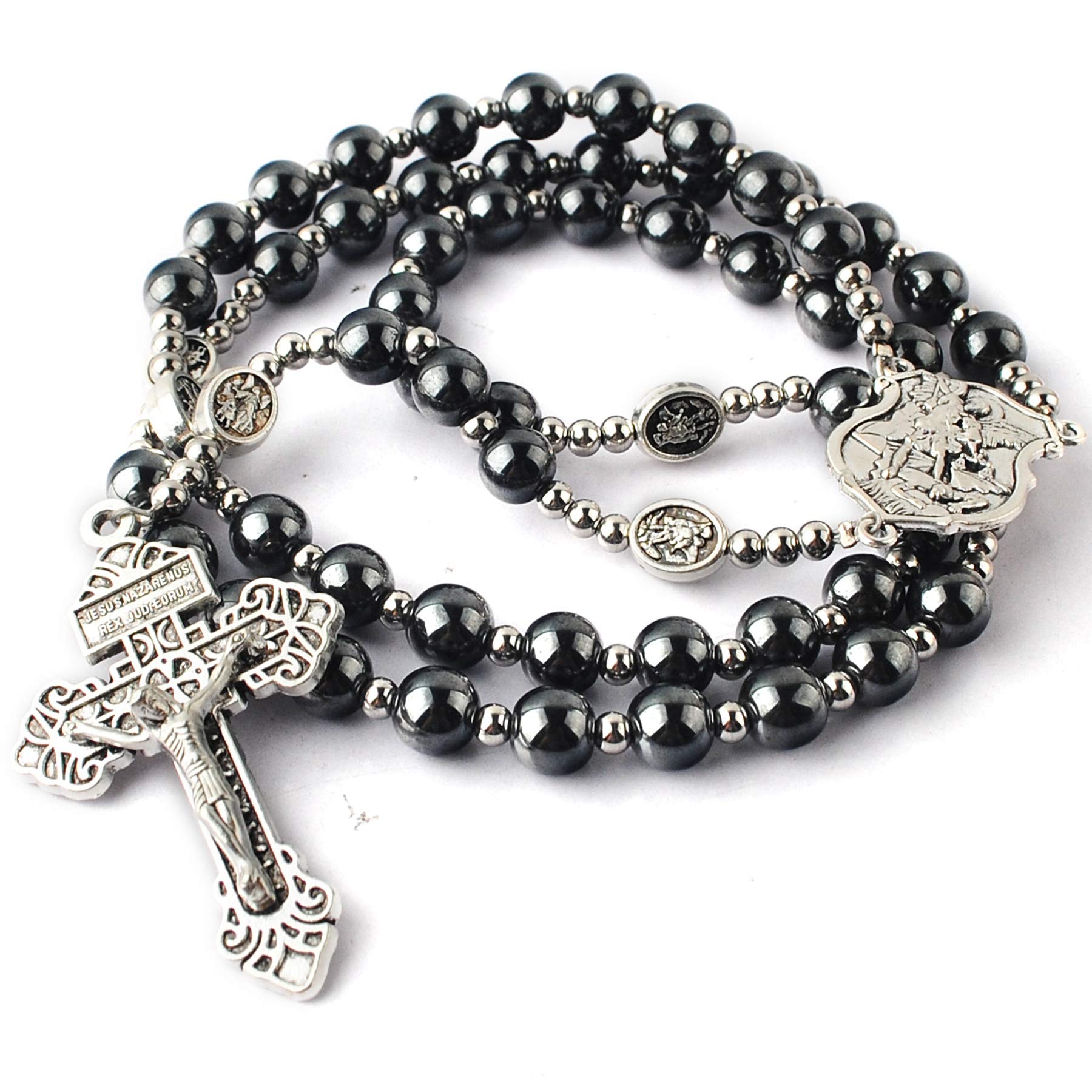 8mm Hematite Rosary Necklace with 4mm Stainless Steel Beads & St. Benedict Medal - Unisex Catholic Prayer Jewelry for Men & Women - Perfect for Daily Devotion, Religious Gifts, and Spiritual Protection