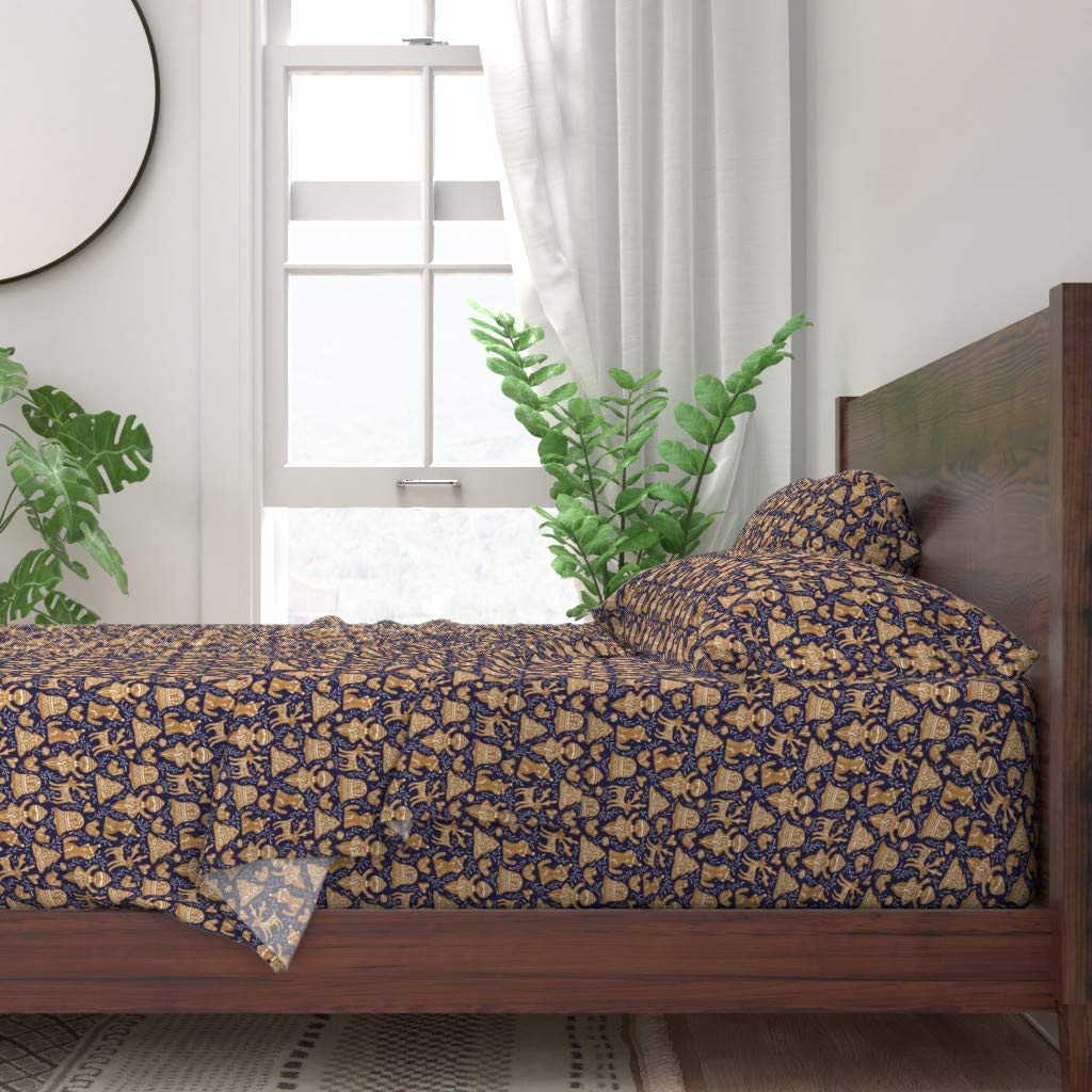 100% Cotton Twin Sheet Set 3pc - Gingerbread Blue Christmas Cookies Cat Holiday Baking Print | Custom Bedding for Festive Home Decor & Cozy Winter Nights